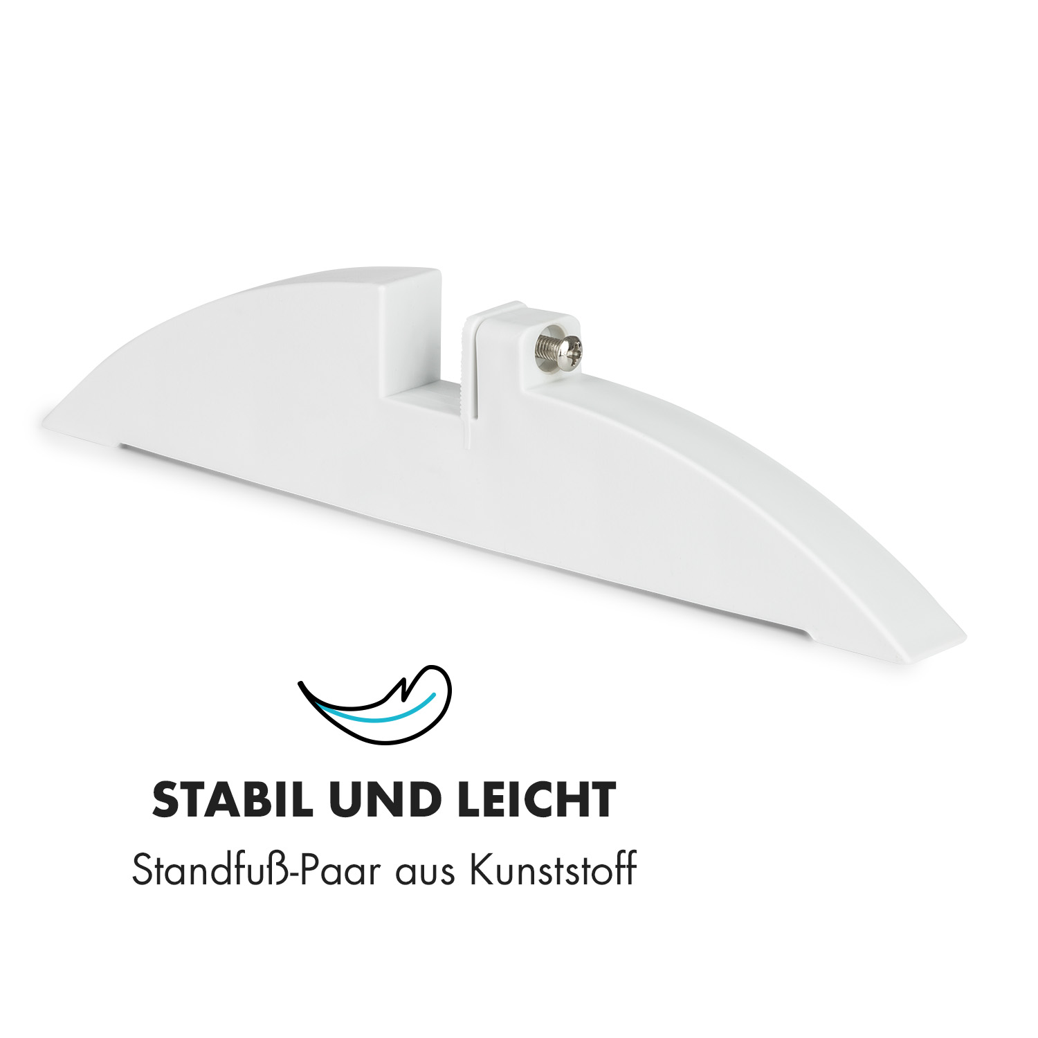 Supporto in plastica bianca, forma curva. Testo: 'STABIL UND LEICHT' e 'Standfuß-Paar aus Kunststoff'.
