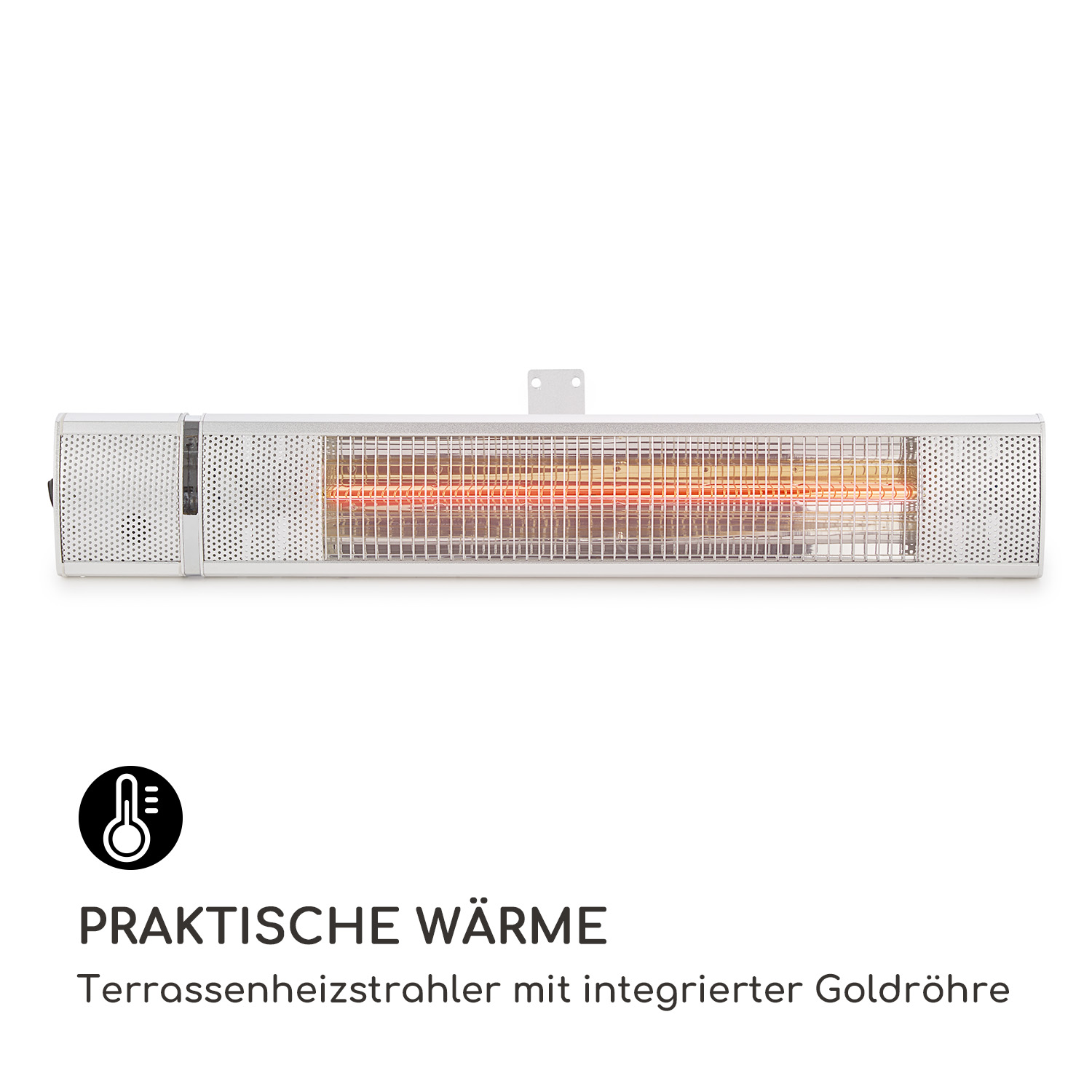 Un riscaldatore esterno bianco con un elemento riscaldante e il testo 'PRAKTISCHE WÄRME'.