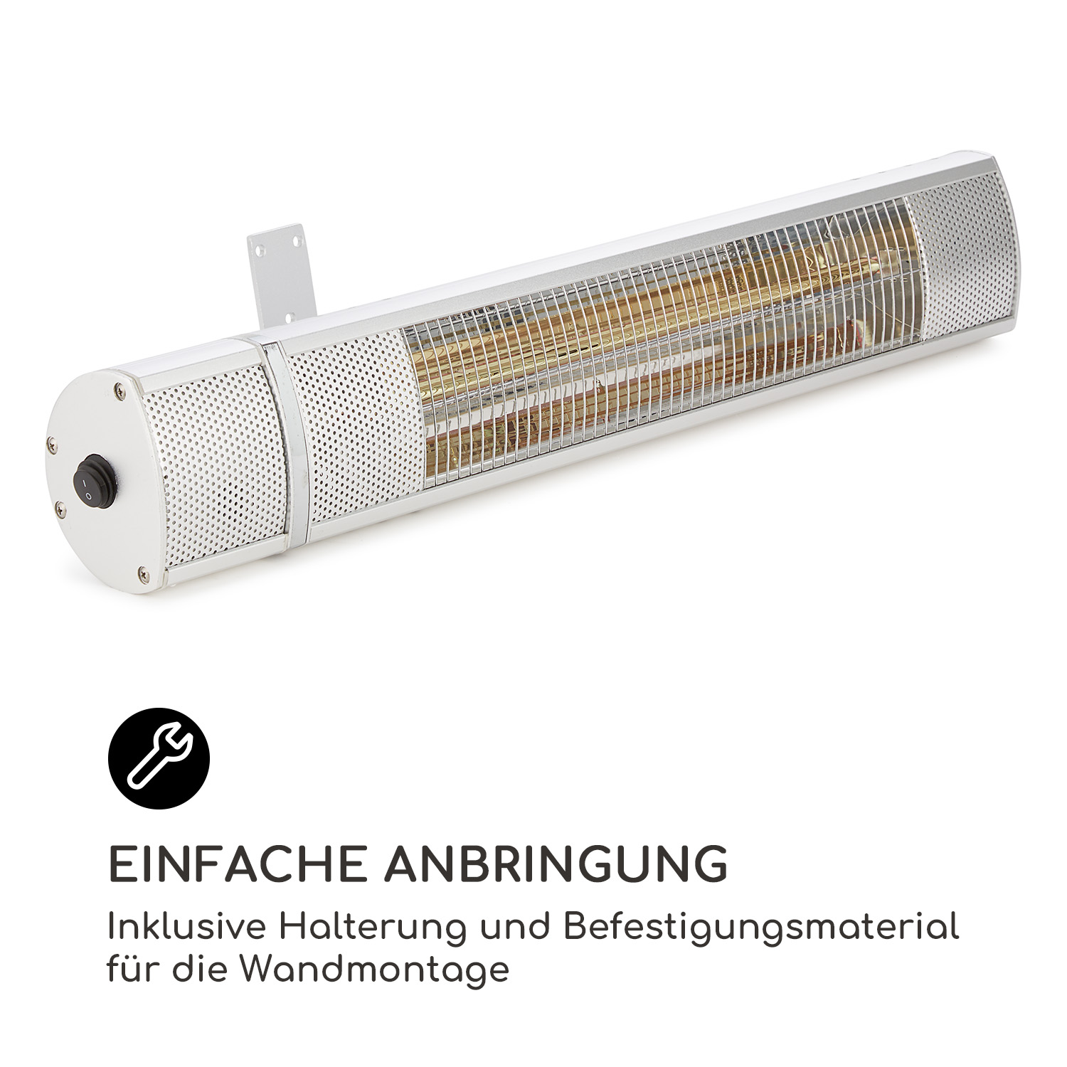 Termoventilatore lungo, argentato, a parete con pannello di controllo e staffa.
