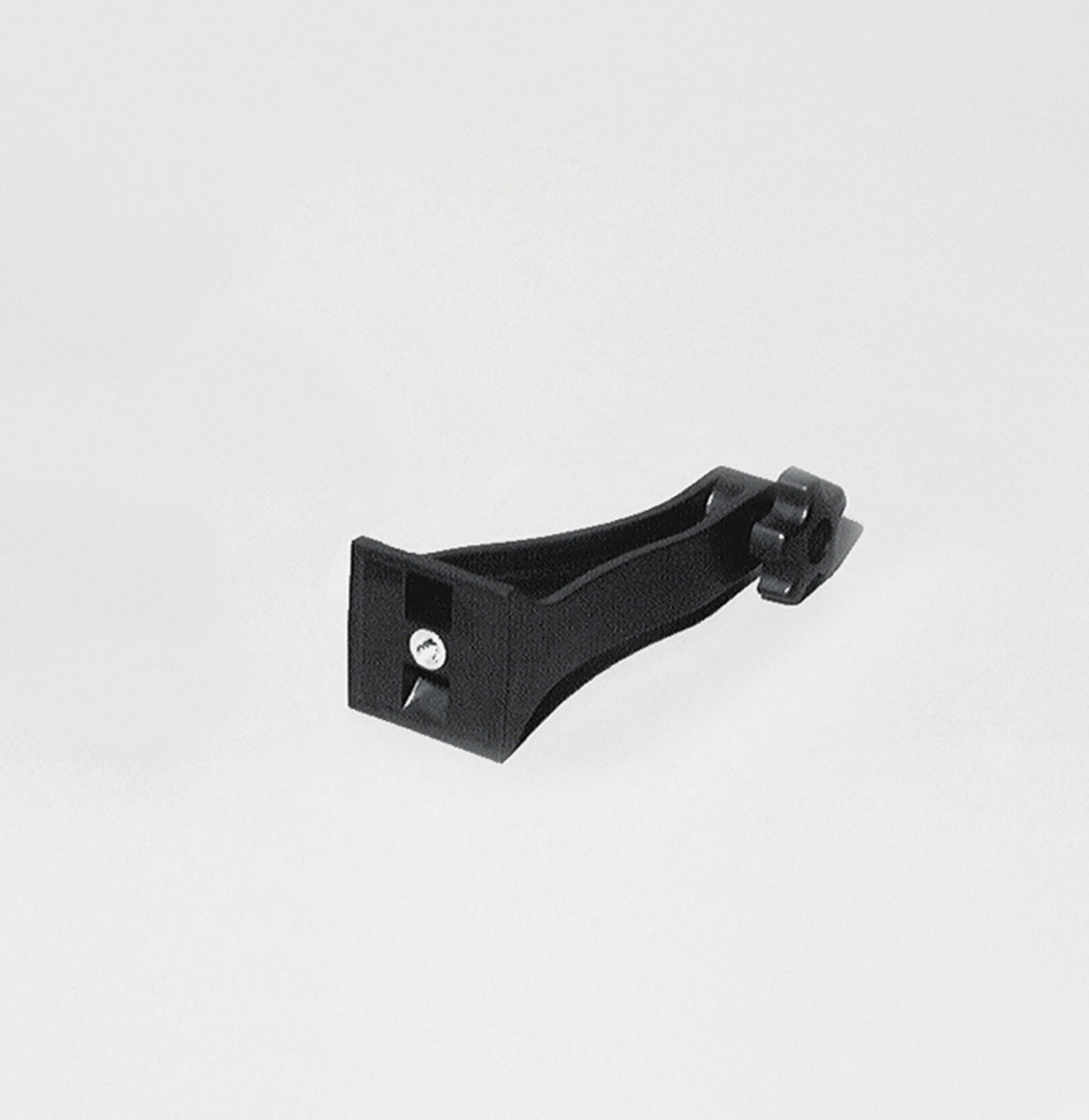 Soporte negro curvo con tornillo, diseñado para montaje.