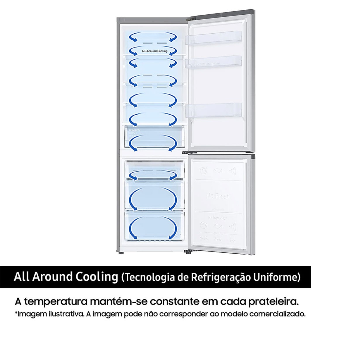 Refrigerador con puerta abierta. Muestra estantes y compartimentos. Texto 'All Around Cooling'.