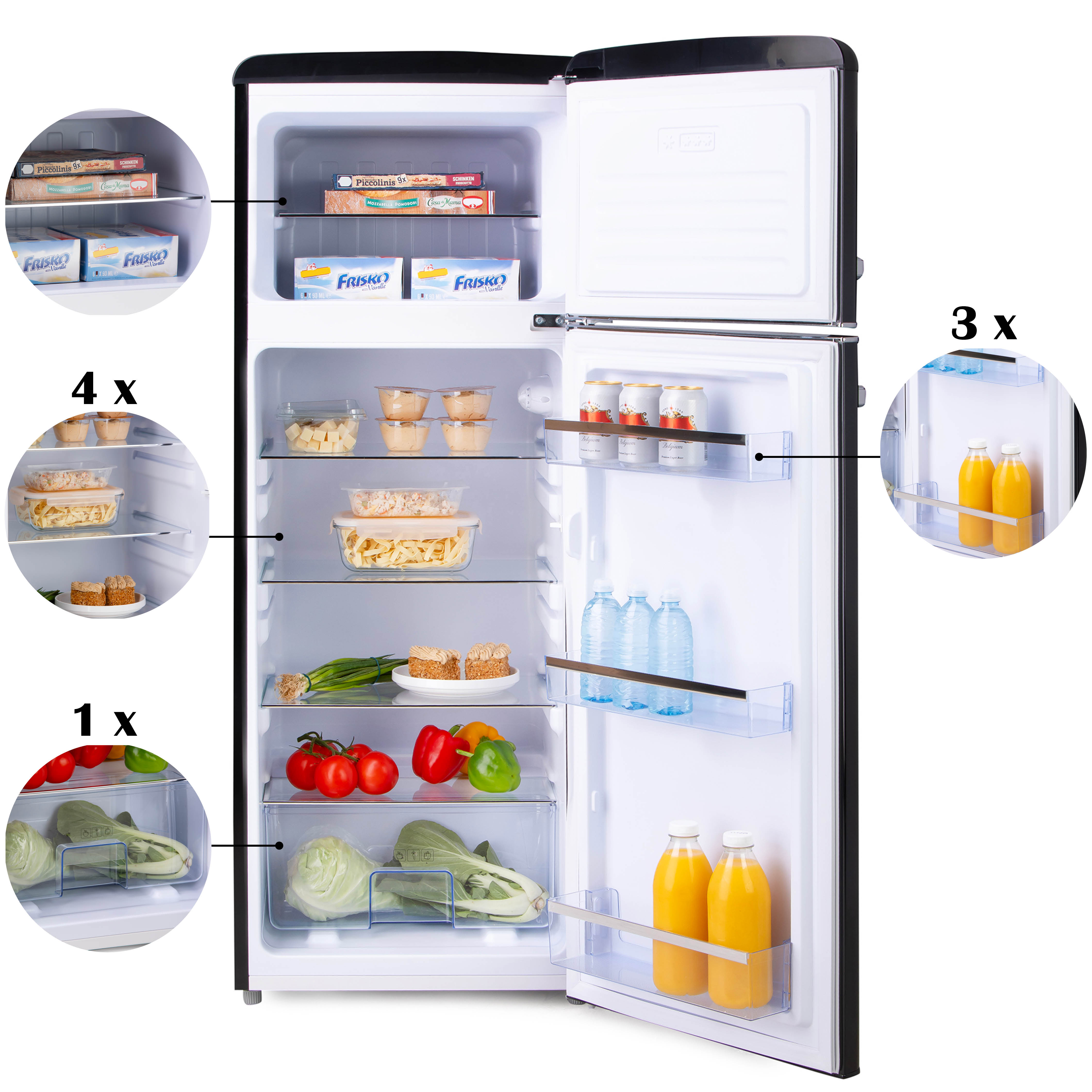 Réfrigérateur ouvert avec des aliments. Il y a des aliments sur les étagères et dans la porte.