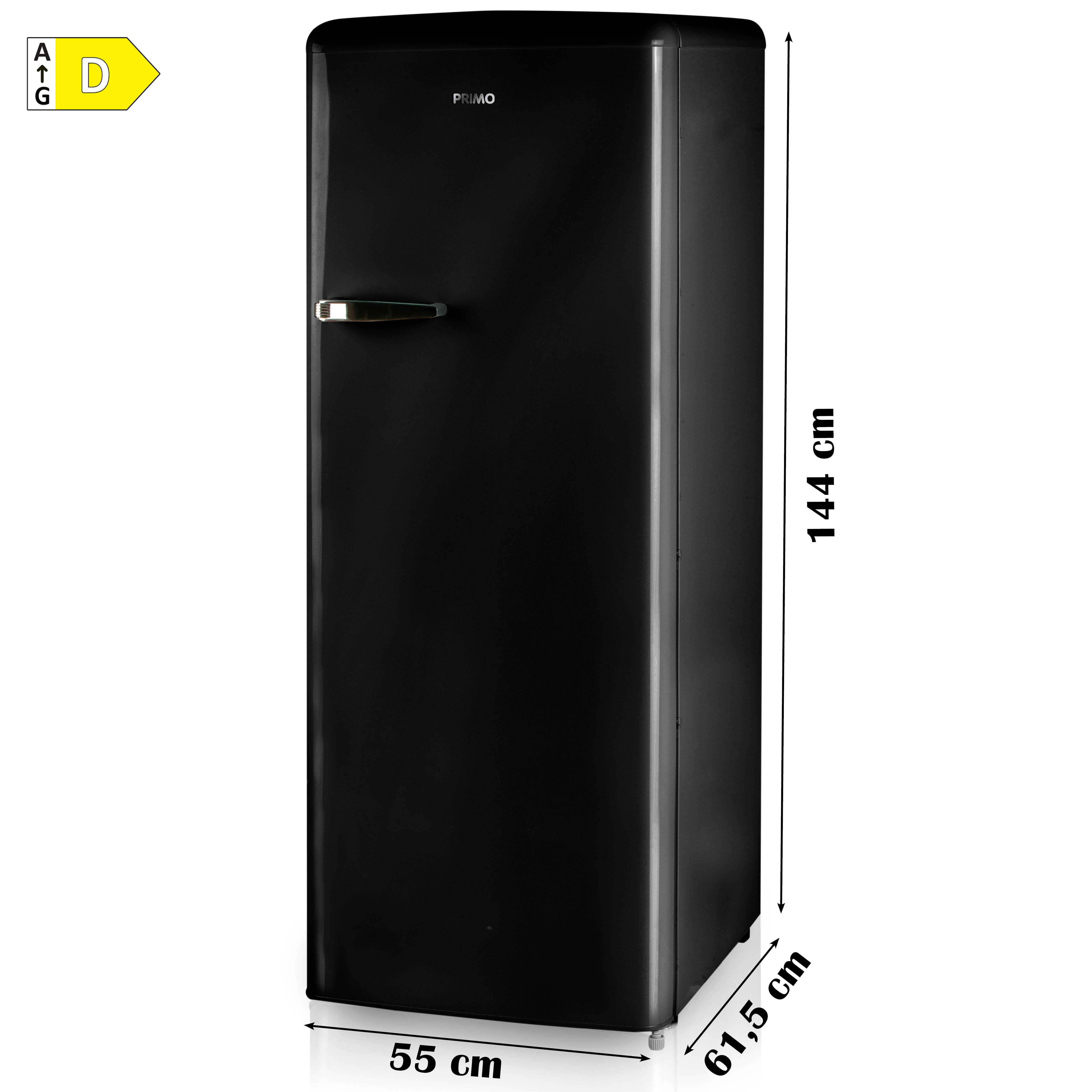 Black retro refrigerator, standing. Shows the energy efficiency label with a D rating.