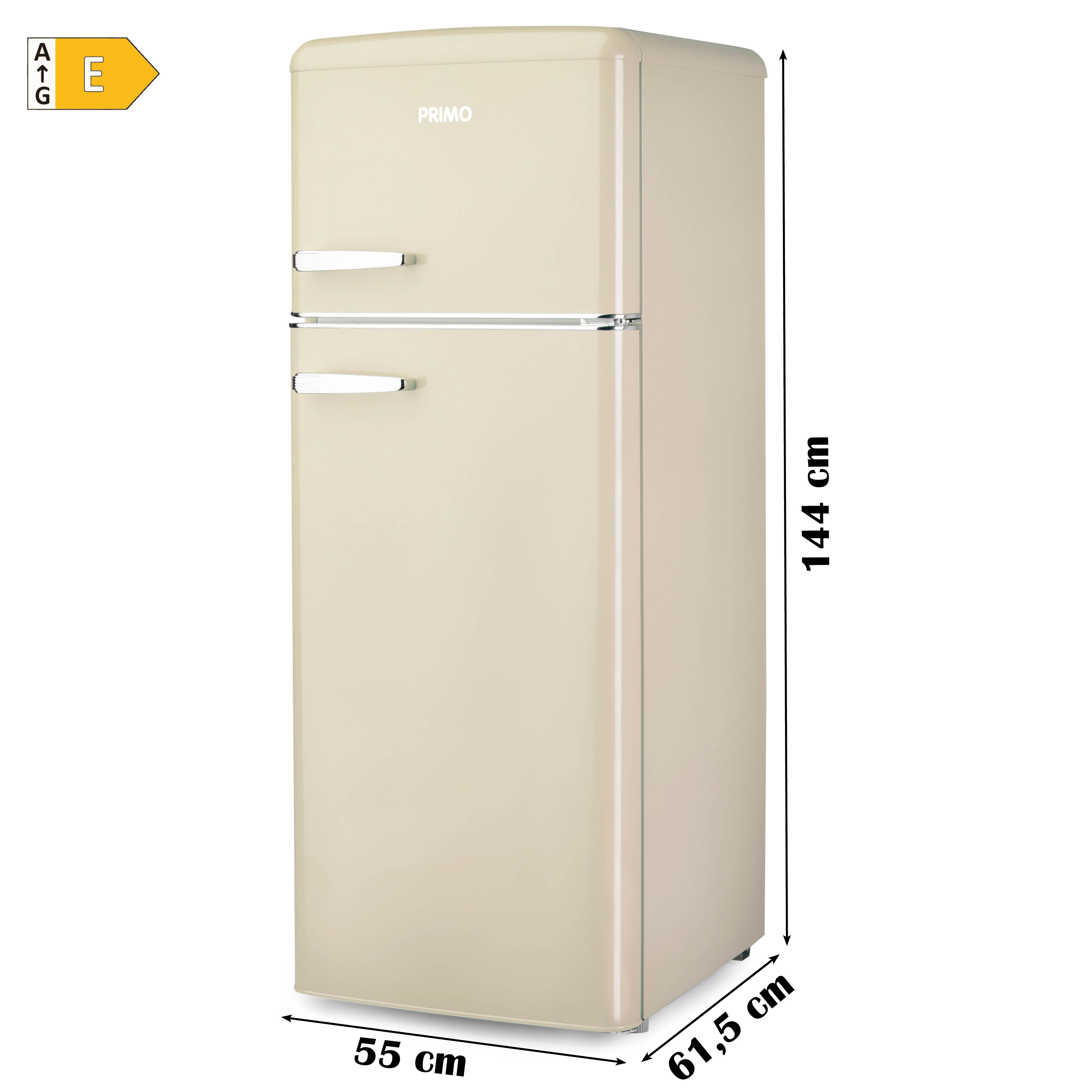 Réfrigérateur rétro beige avec mesures, étiquette énergétique et fond blanc.