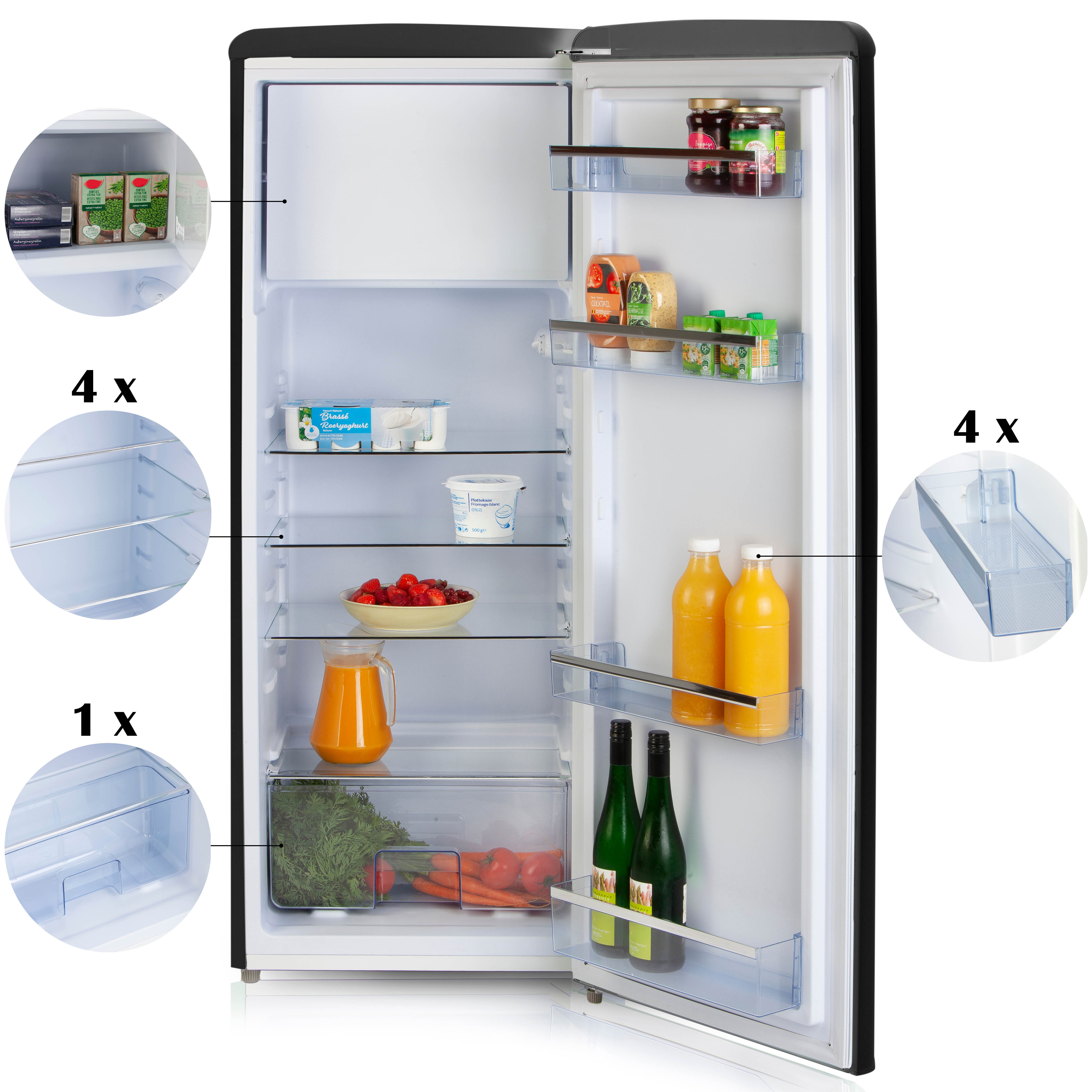 An open fridge with shelves. It is filled with food, including vegetables, fruits, juice, and jars.