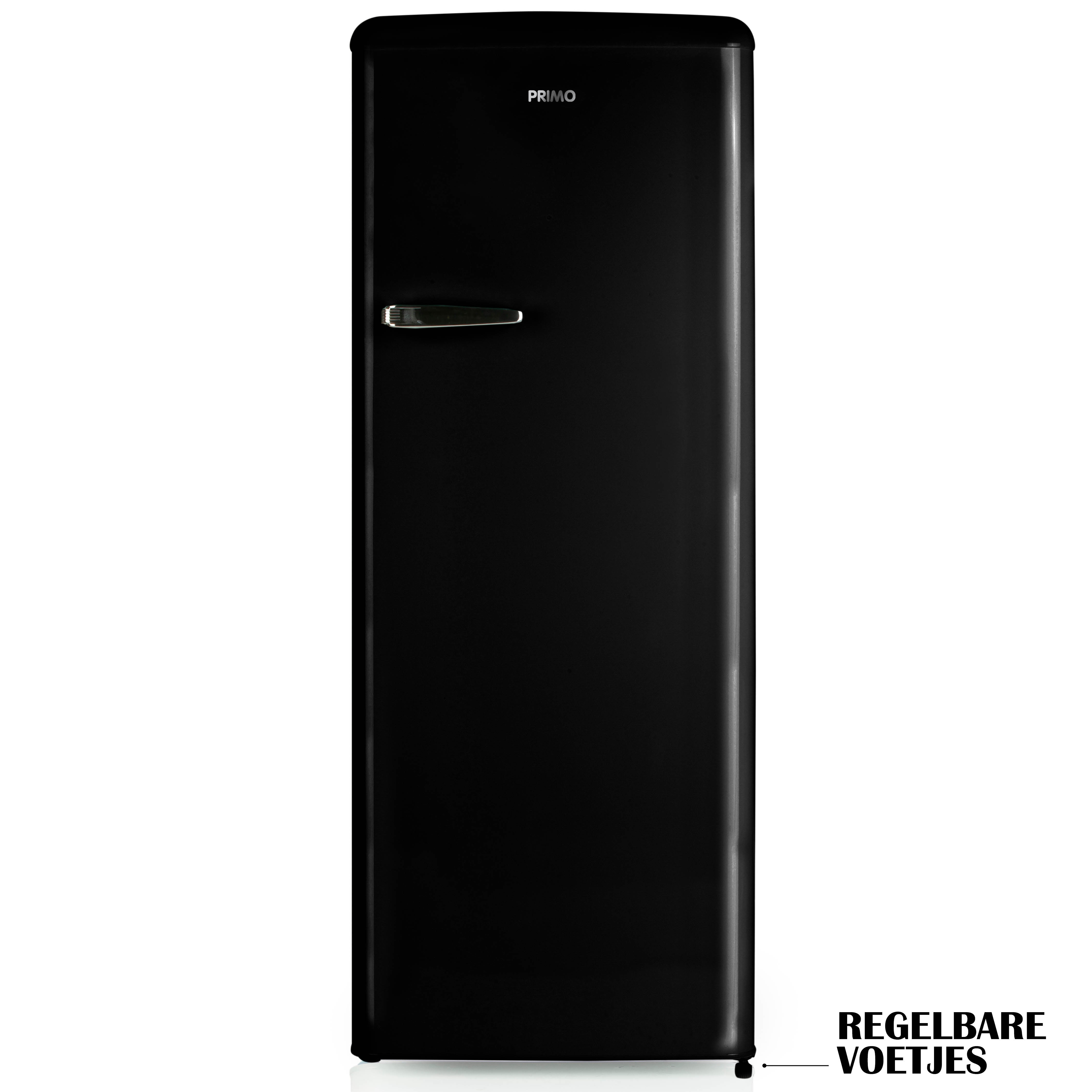 Black retro refrigerator, with a handle, and the word 'PRIMO' on the top.