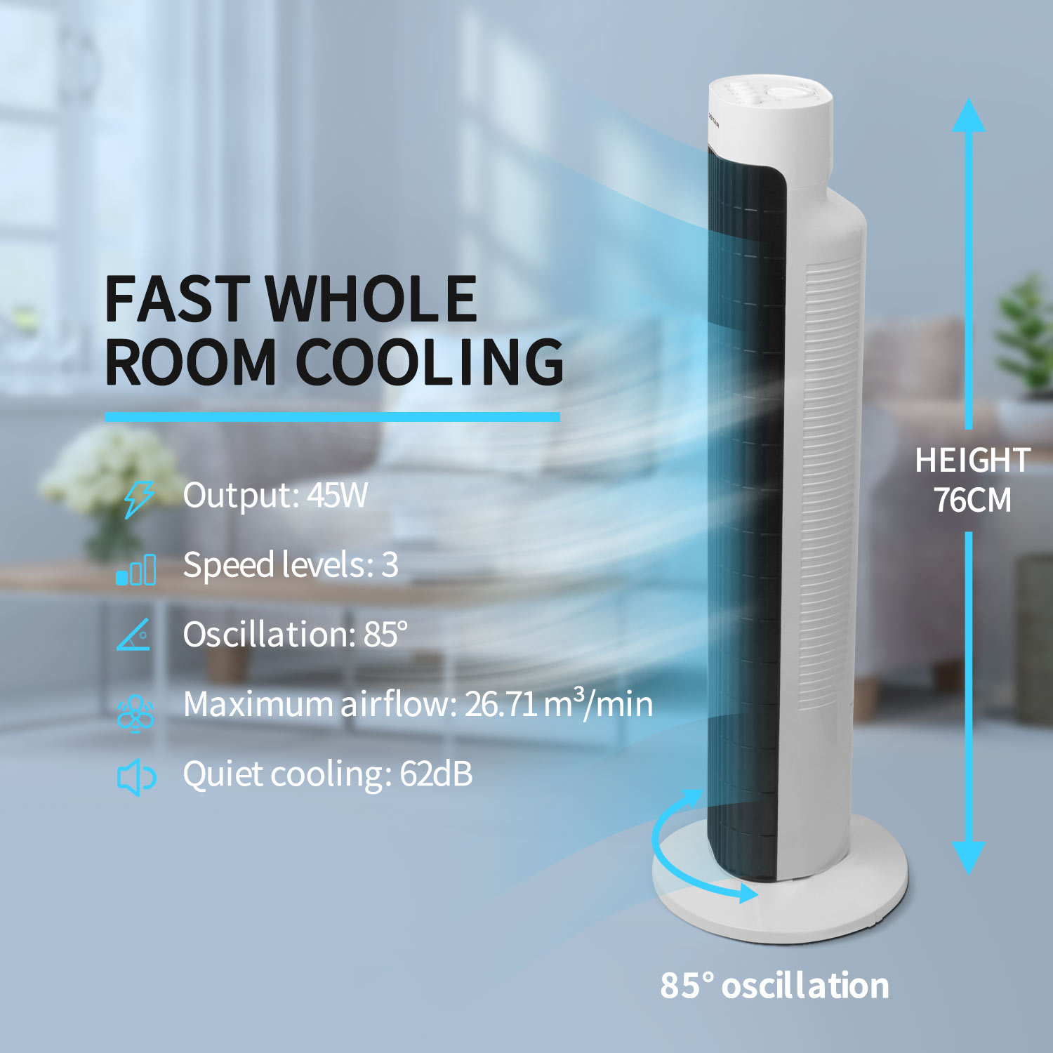 Ein hoher weißer und schwarzer Turmventilator mit Informationen über seine Funktionen.