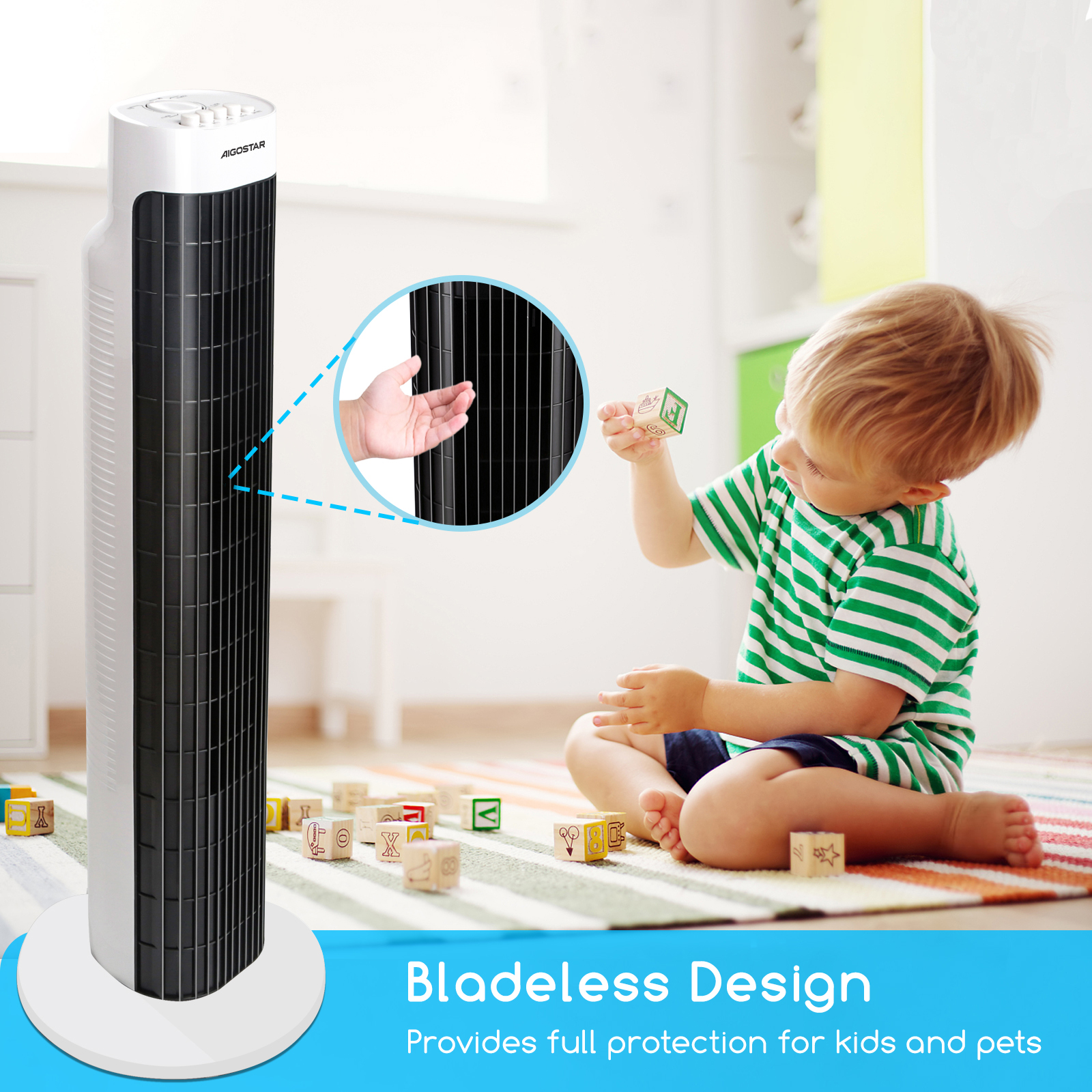 Weiß-schwarzer, blattloser Ventilator mit spielendem Kind, beschriftet 'Bladeless Design' für Sicherheit.