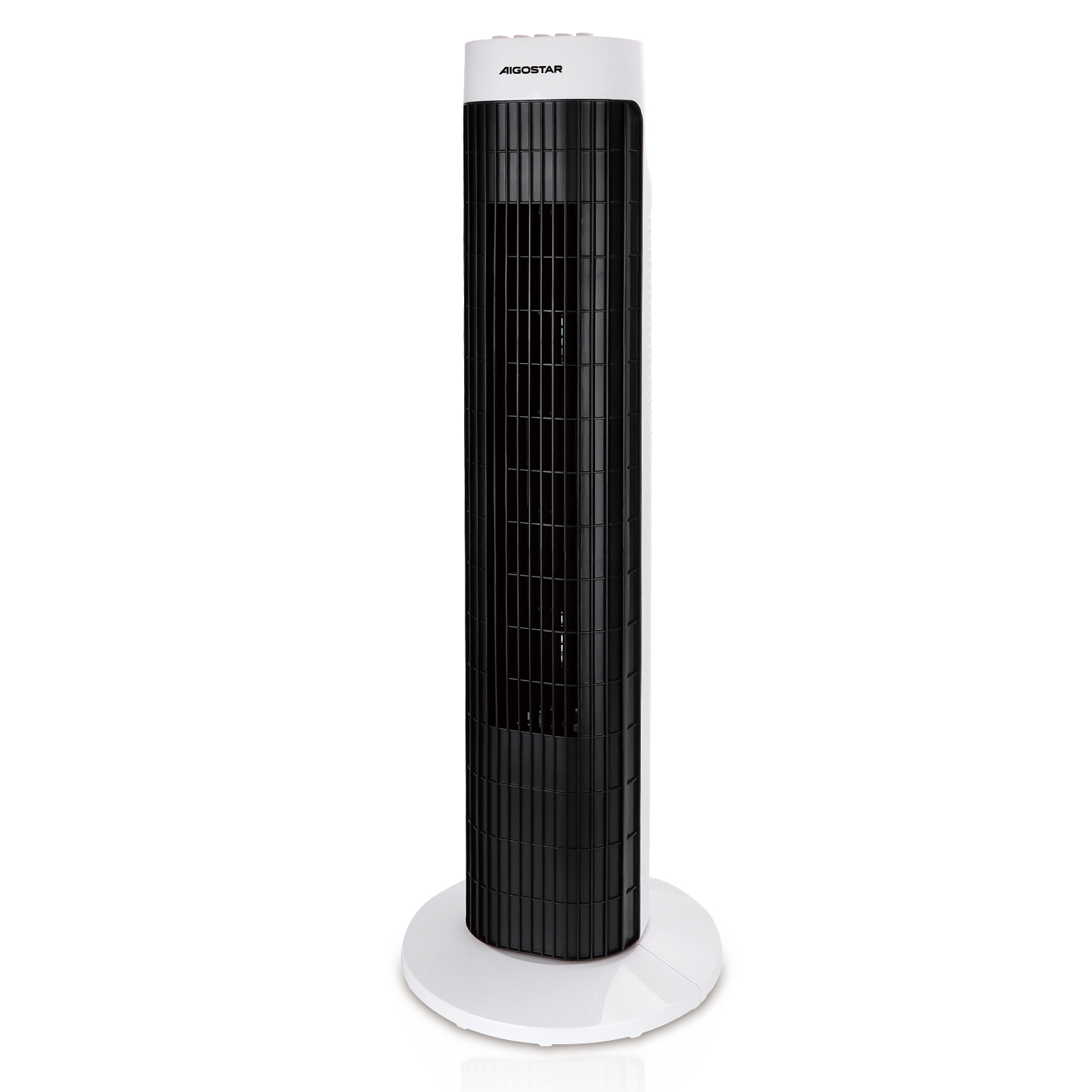 Ein hoher, schwarz-weißer Turmventilator, der auf einem weißen, kreisförmigen Sockel steht.