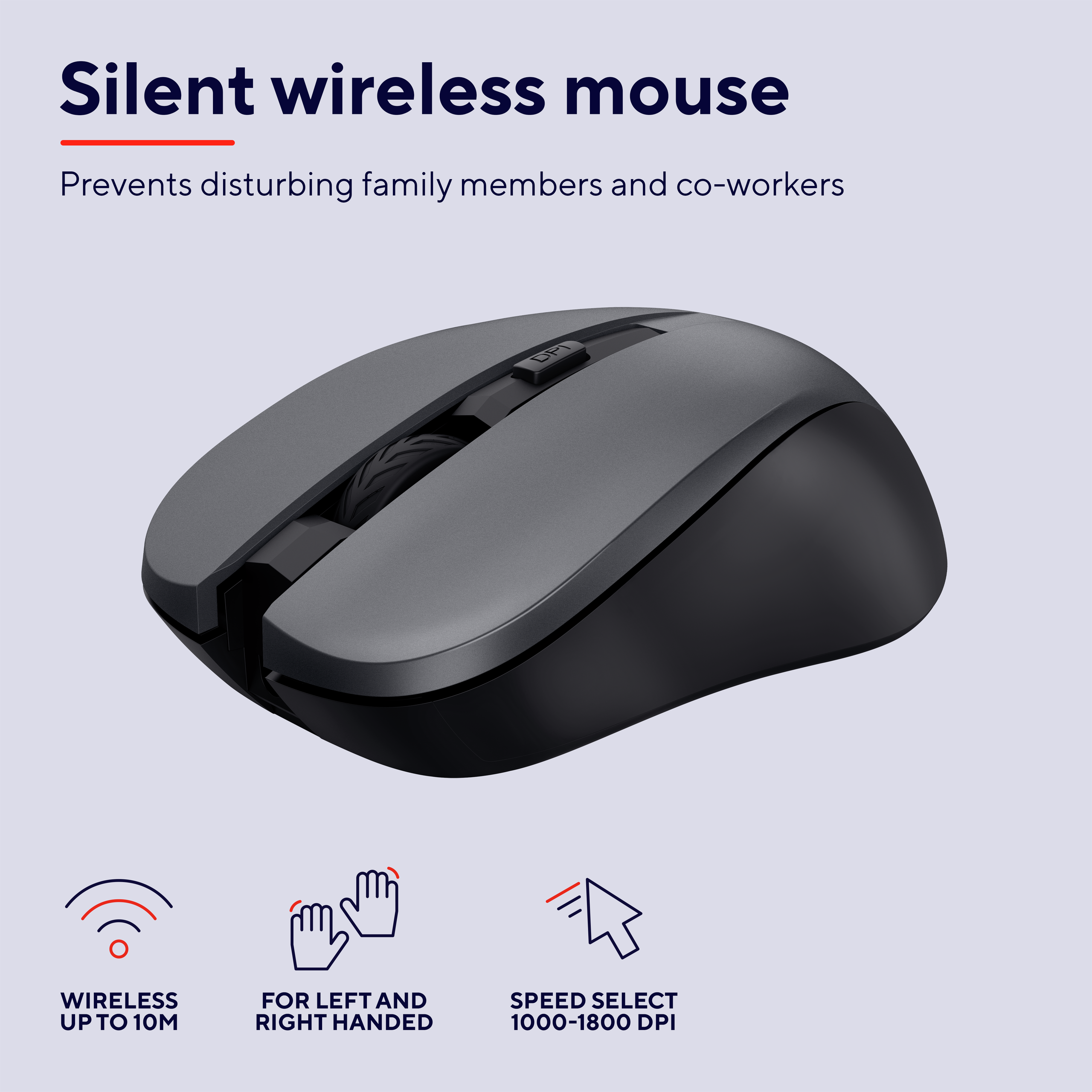 Czarna i szara mysz bezprzewodowa. Ma kółko przewijania i dwa przyciski. Tekst mówi: 'Cicha mysz bezprzewodowa'.