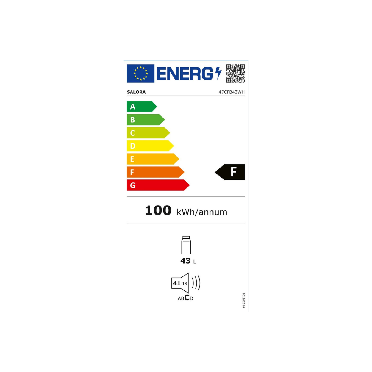 Étiquette énergétique indiquant la classe d'efficacité énergétique F, avec des détails sur la consommation d'énergie et le volume.