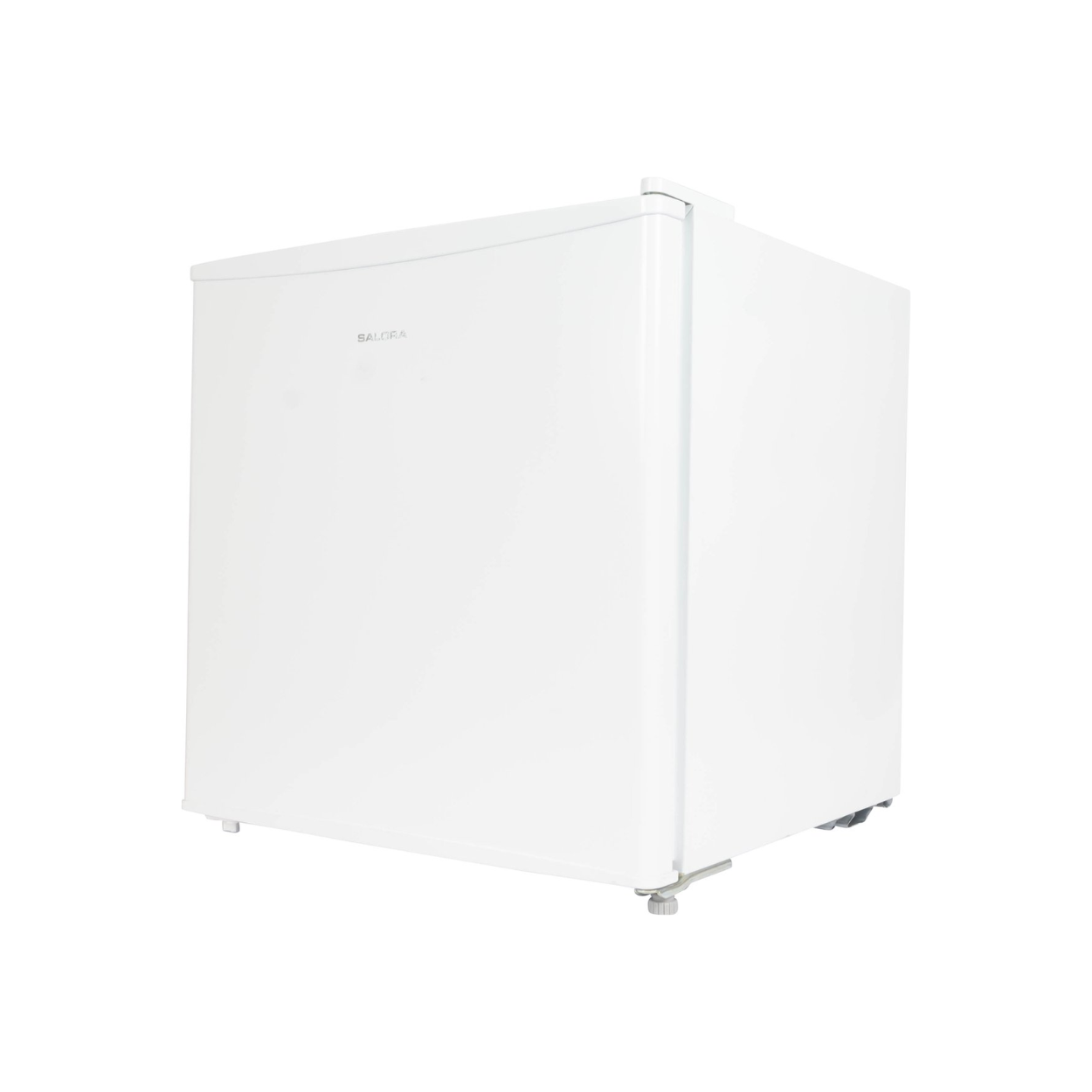 Mini-réfrigérateur Baldera blanc. Il a une porte et des pieds argentés. Il est sur une surface blanche.