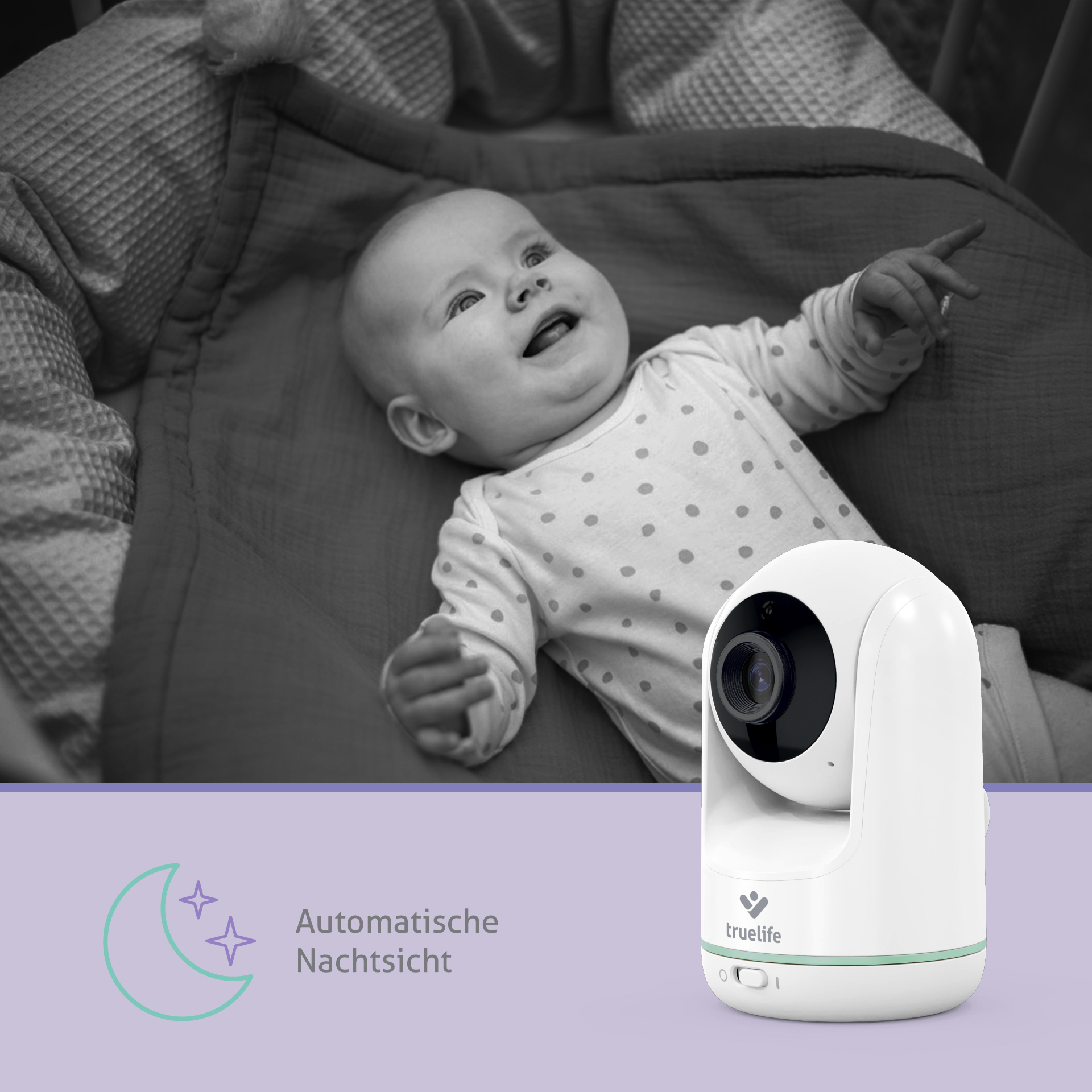 Ein Baby in einem Kinderbett schaut nach oben. Ein Nachtsicht-Babyphone befindet sich im Vordergrund.