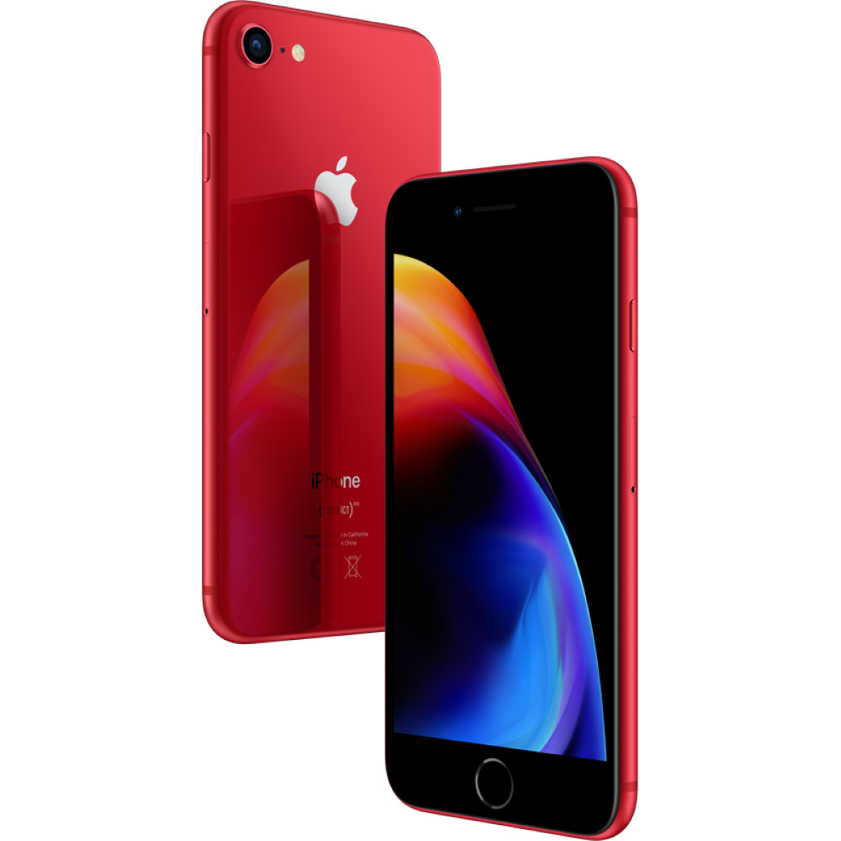 Twee rode iPhones. Eén toont de achterkant, de andere de voorkant met een kleurrijk scherm.