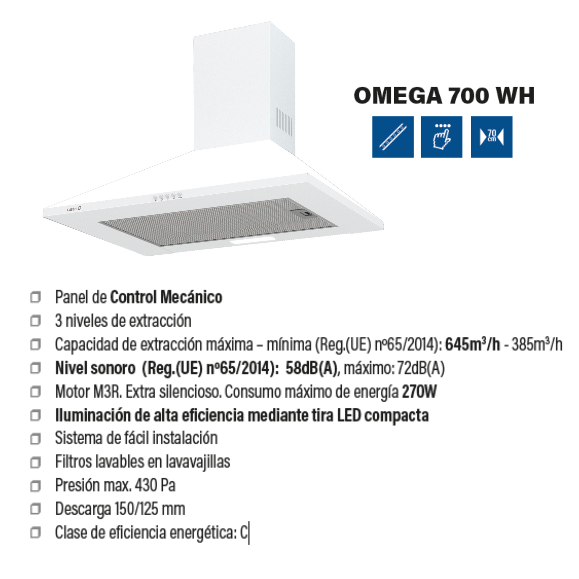 Una cappa da cucina bianca con un pannello di controllo e un marchio. Ha specifiche di estrazione e illuminazione.