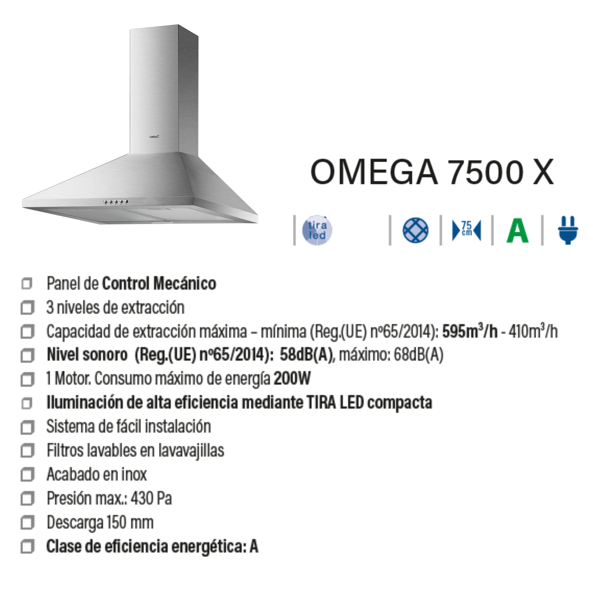 Campana extractora de acero inoxidable con panel de control y especificaciones. La campana es plateada.