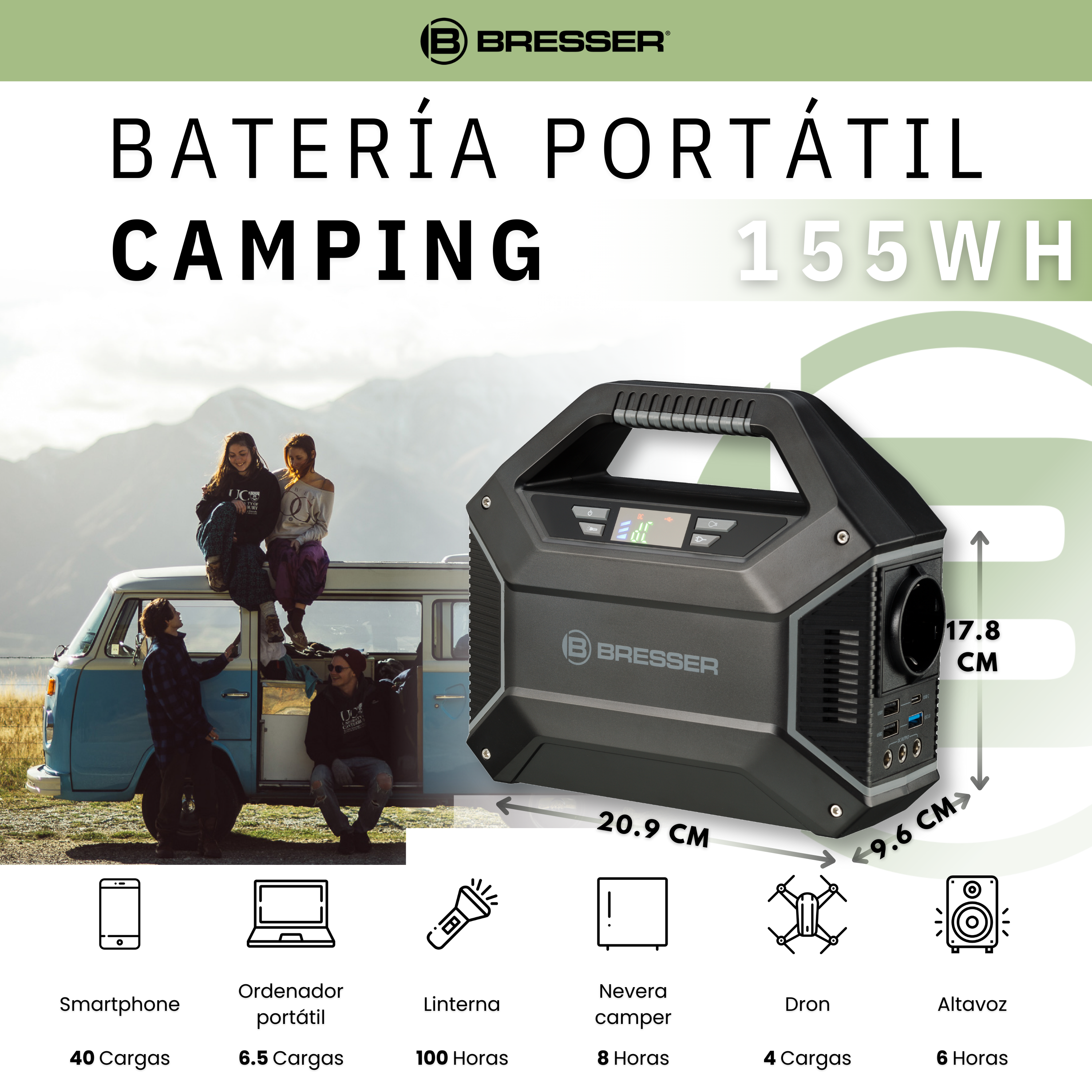 Batería portátil para acampada con dimensiones y personas. Una furgoneta en el fondo.