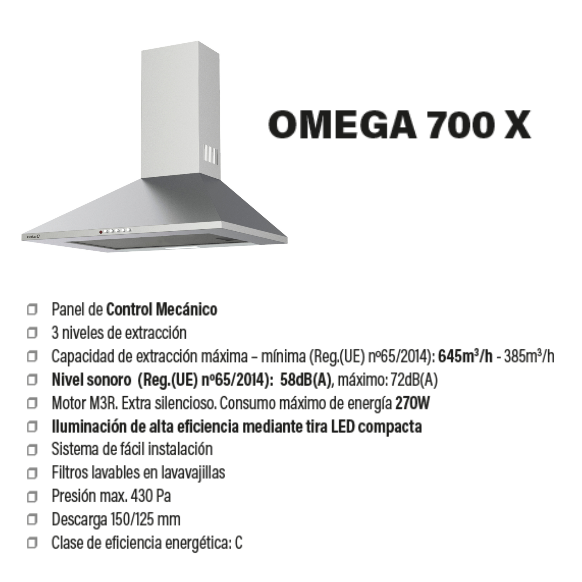 Una campana extractora Omega 700 X, con texto y viñetas que describen las características.