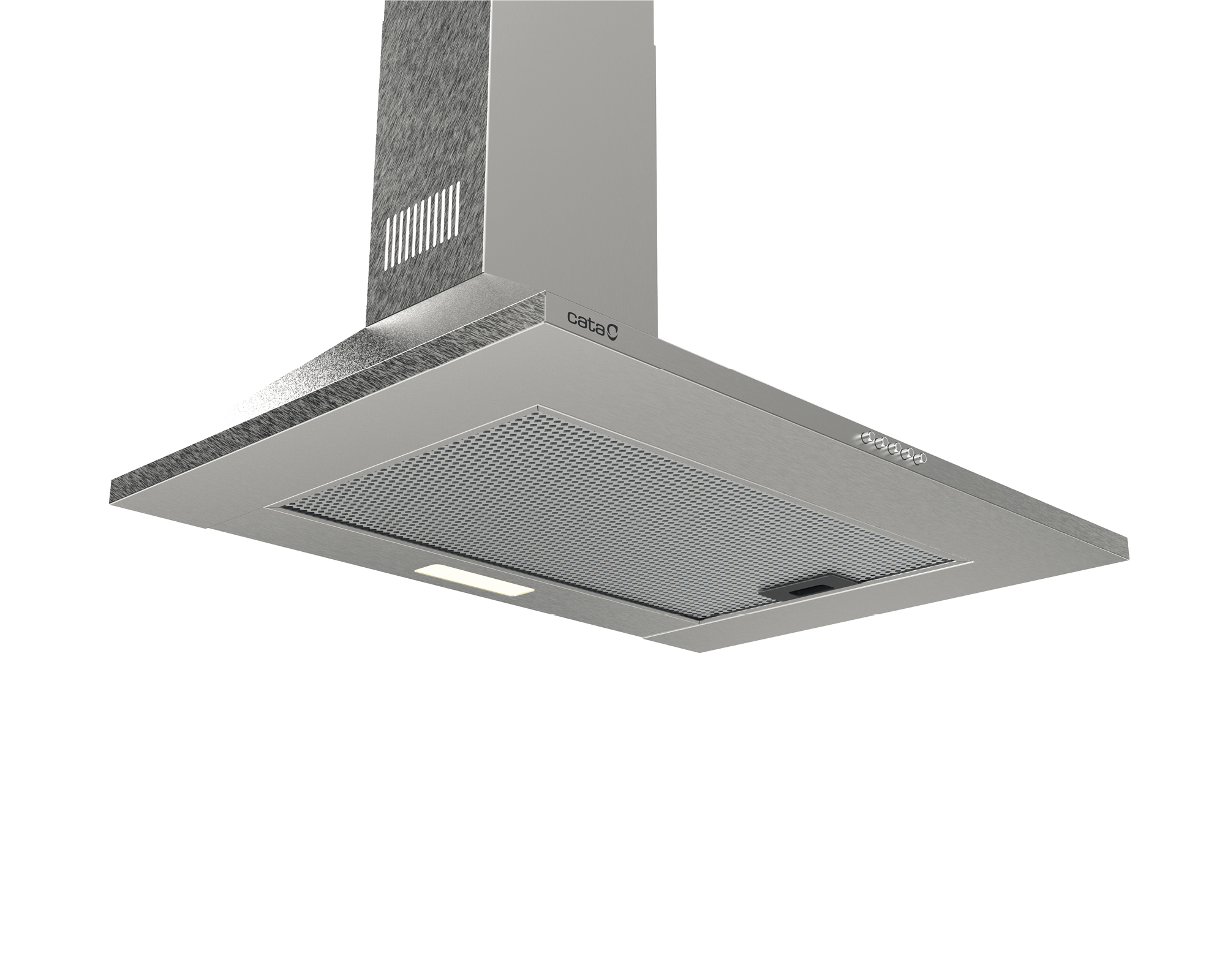 Una campana extractora de acero inoxidable, con una luz y un filtro de malla.