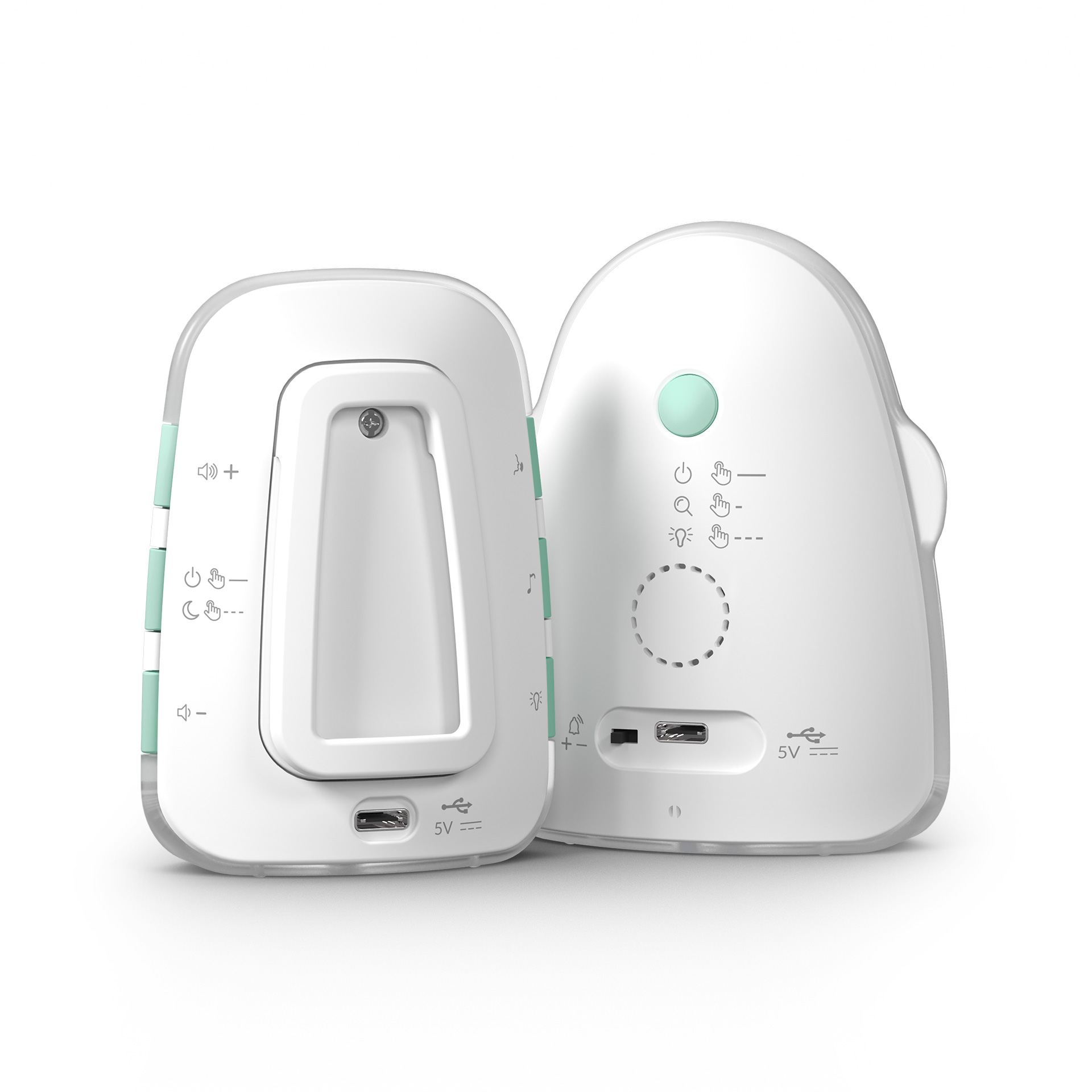 Zwei Babyphone, weiß mit mintgrünen Akzenten. Eines offen, das andere mit Knöpfen auf der Rückseite.