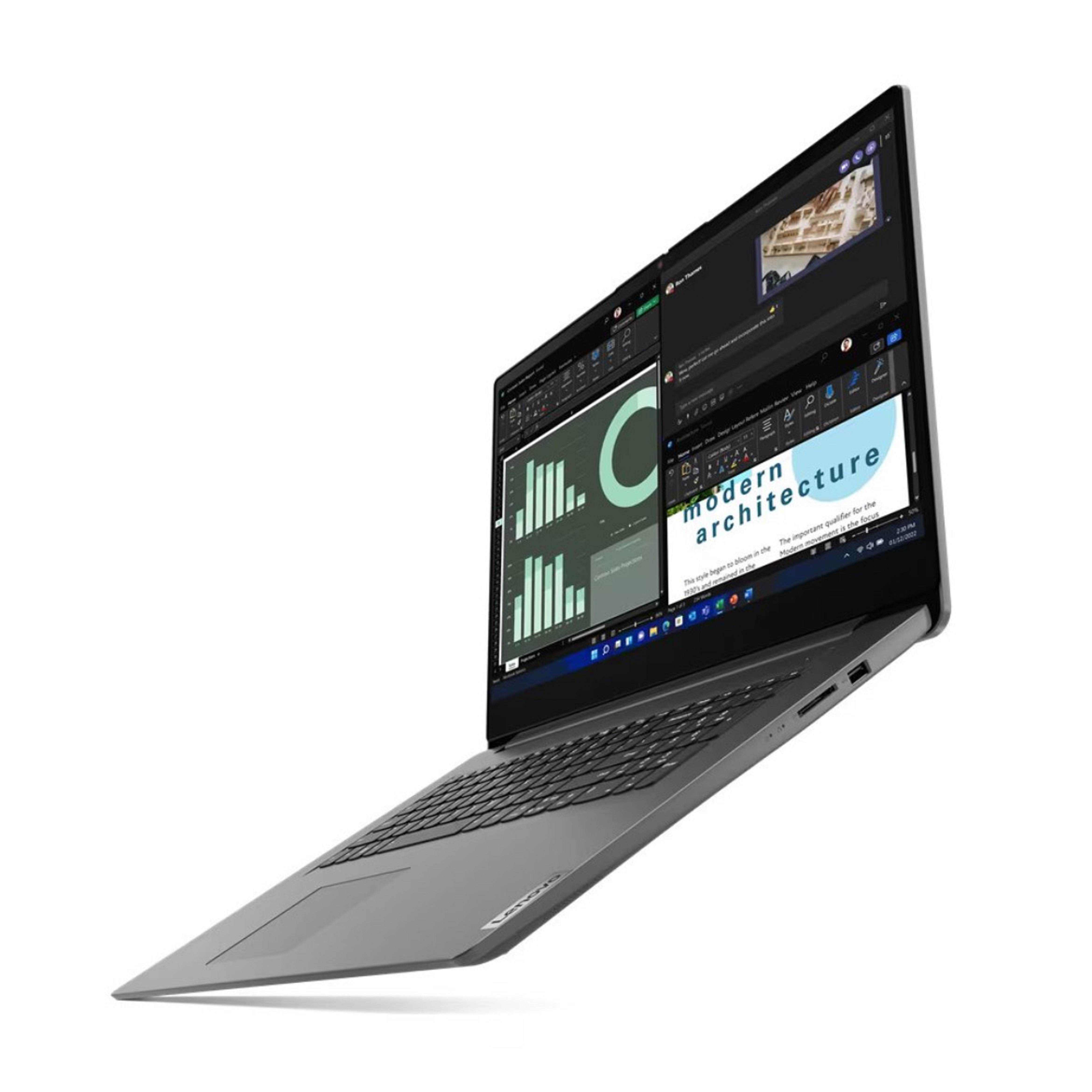 Ein grauer Laptop mit Dokumenten und Diagrammen, mit dem Wort „moderne Architektur“ auf dem Bildschirm.