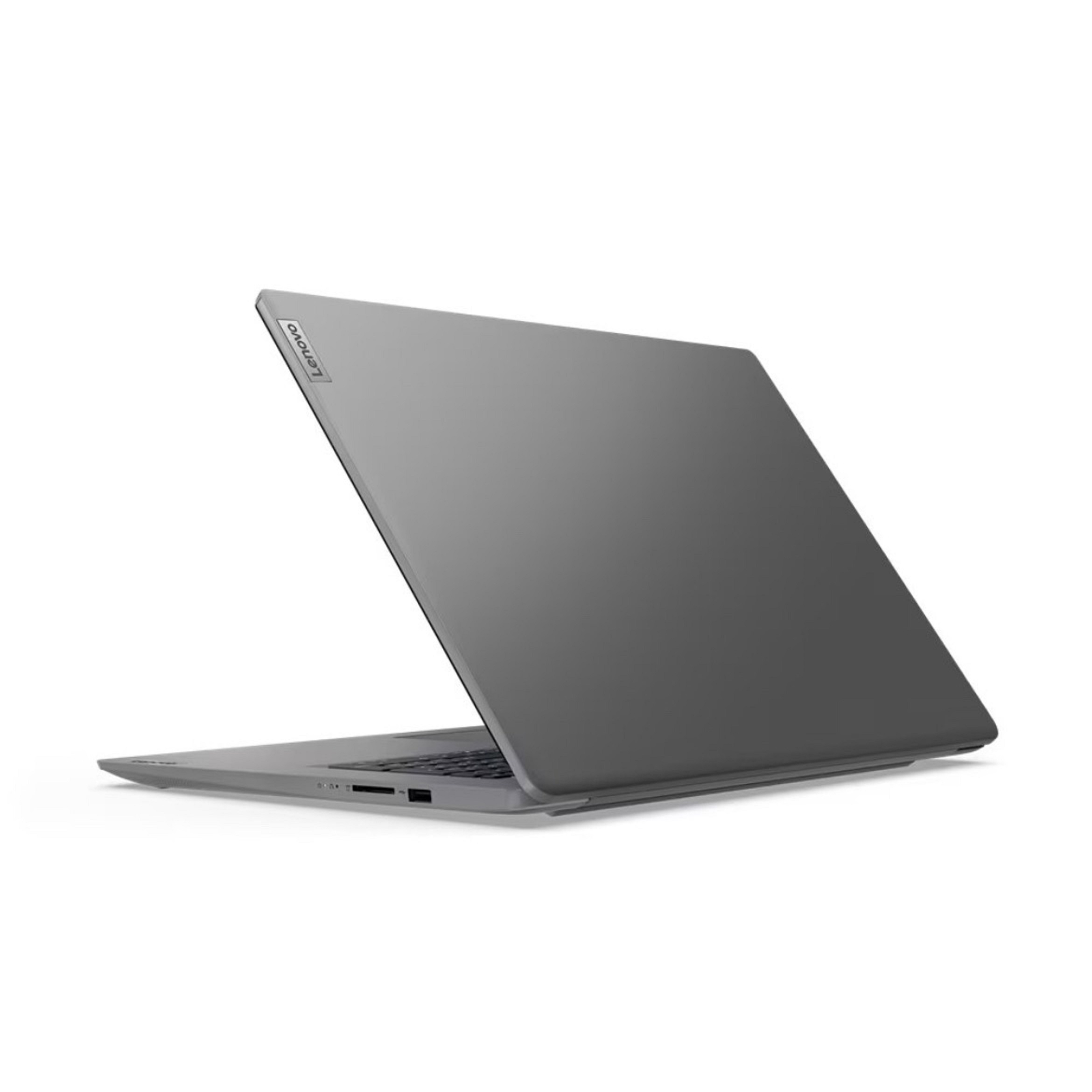 Ein grauer Laptop mit dem Lenovo-Logo auf weißem Hintergrund, leicht geöffnet.