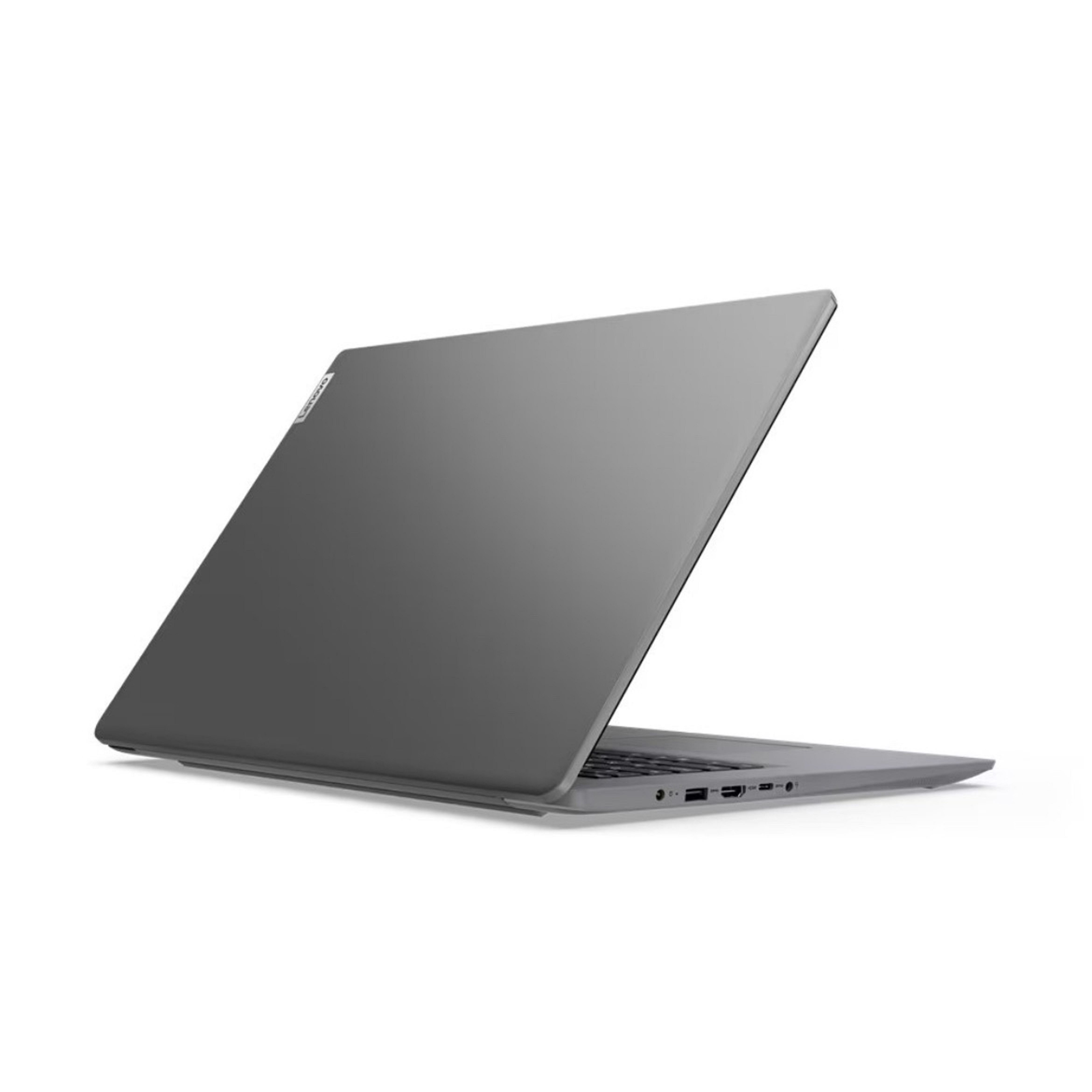 Grauer Laptop, leicht geöffnet, auf weißem Hintergrund.