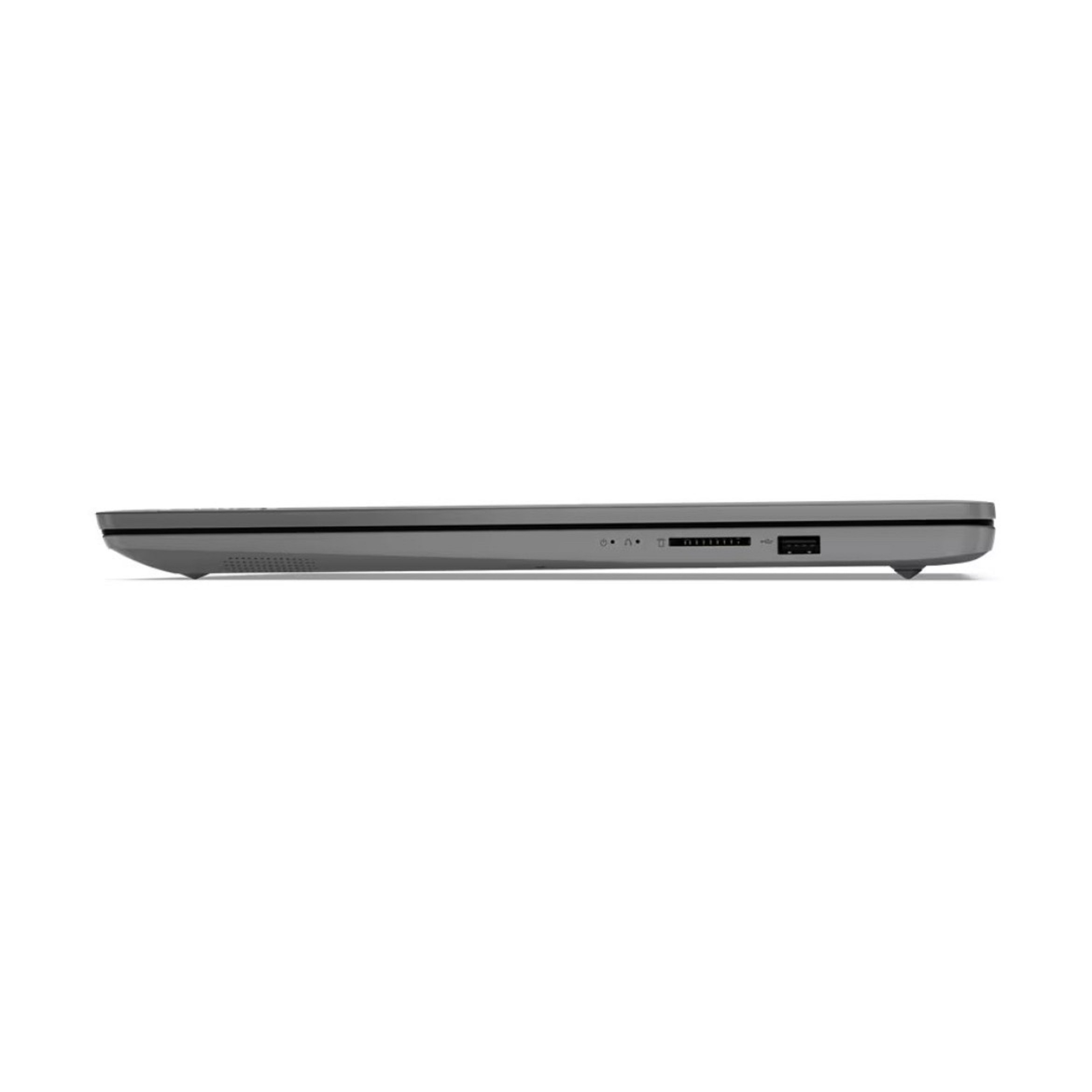 Laptop-Seitenansicht. Graue Farbe, mit sichtbaren Anschlüssen. Dunkle Oberfläche, einfaches Design.