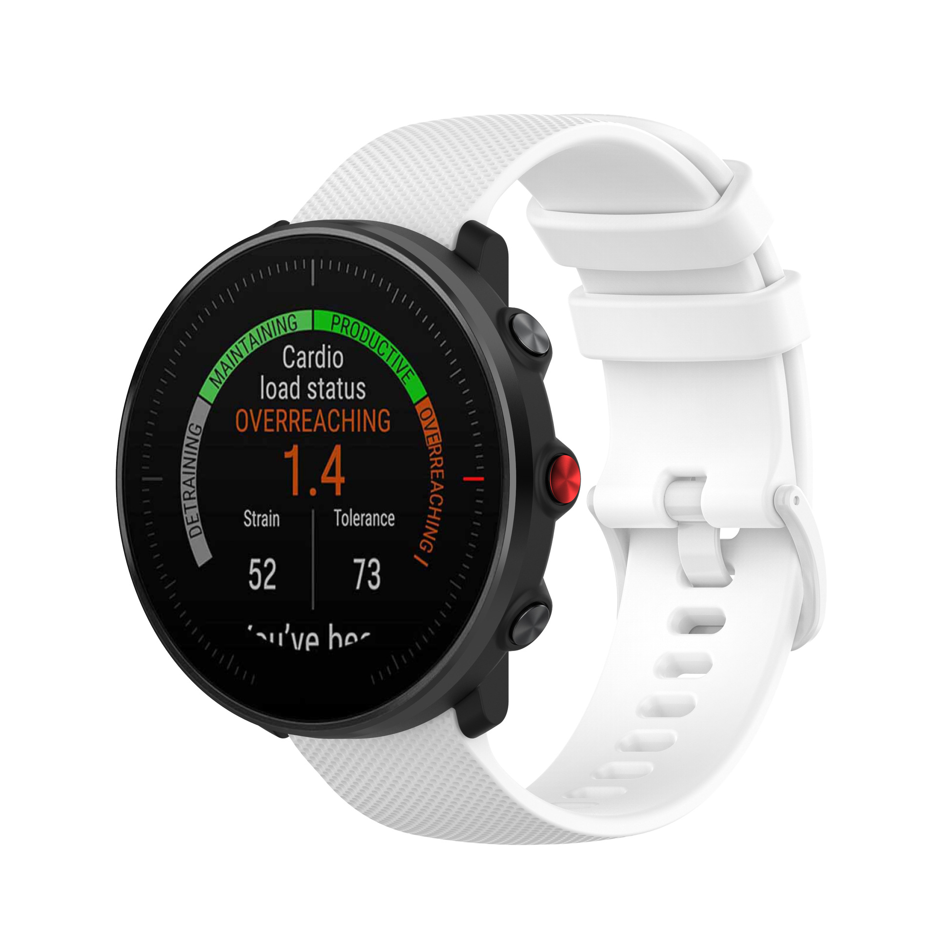 Smartwatch mit weißem Armband. Anzeige zeigt Gesundheitsdaten.