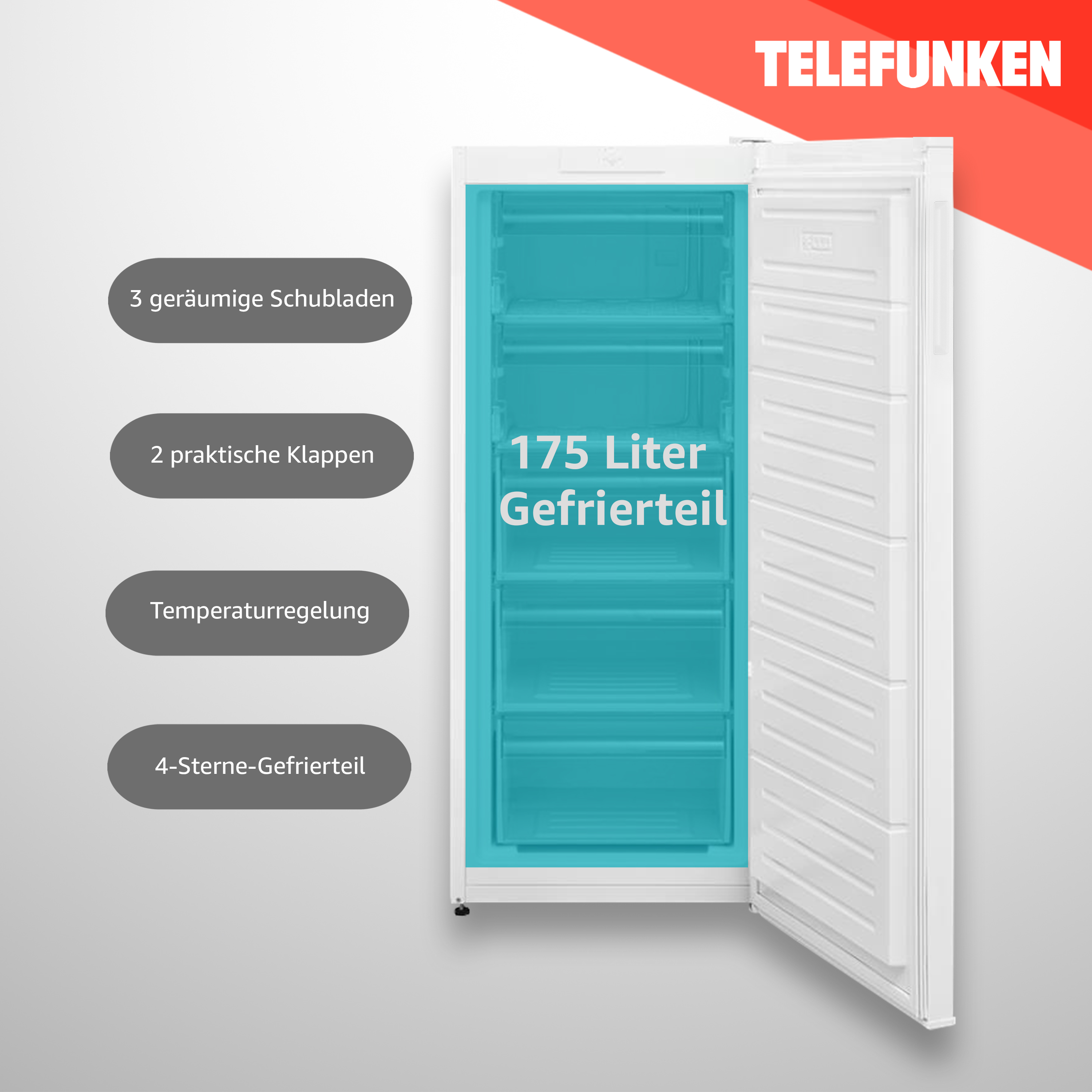 Weißer Gefrierschrank, geöffnet. Zeigt Schubladen und Klappen im Inneren, mit Text zur Kapazität.