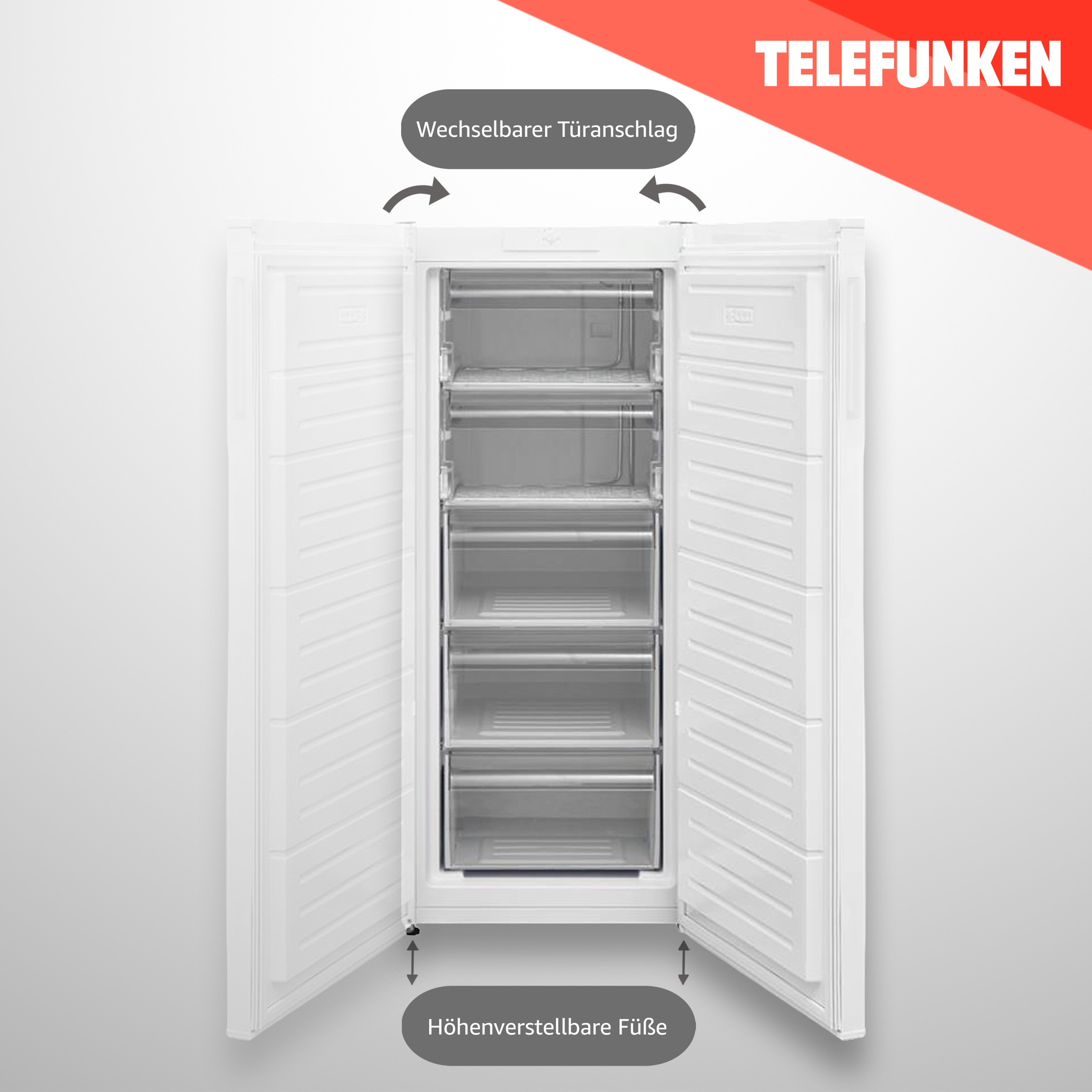Weißer TELEFUNKEN Gefrierschrank mit geöffneten Türen, Schubladen sichtbar, Text.