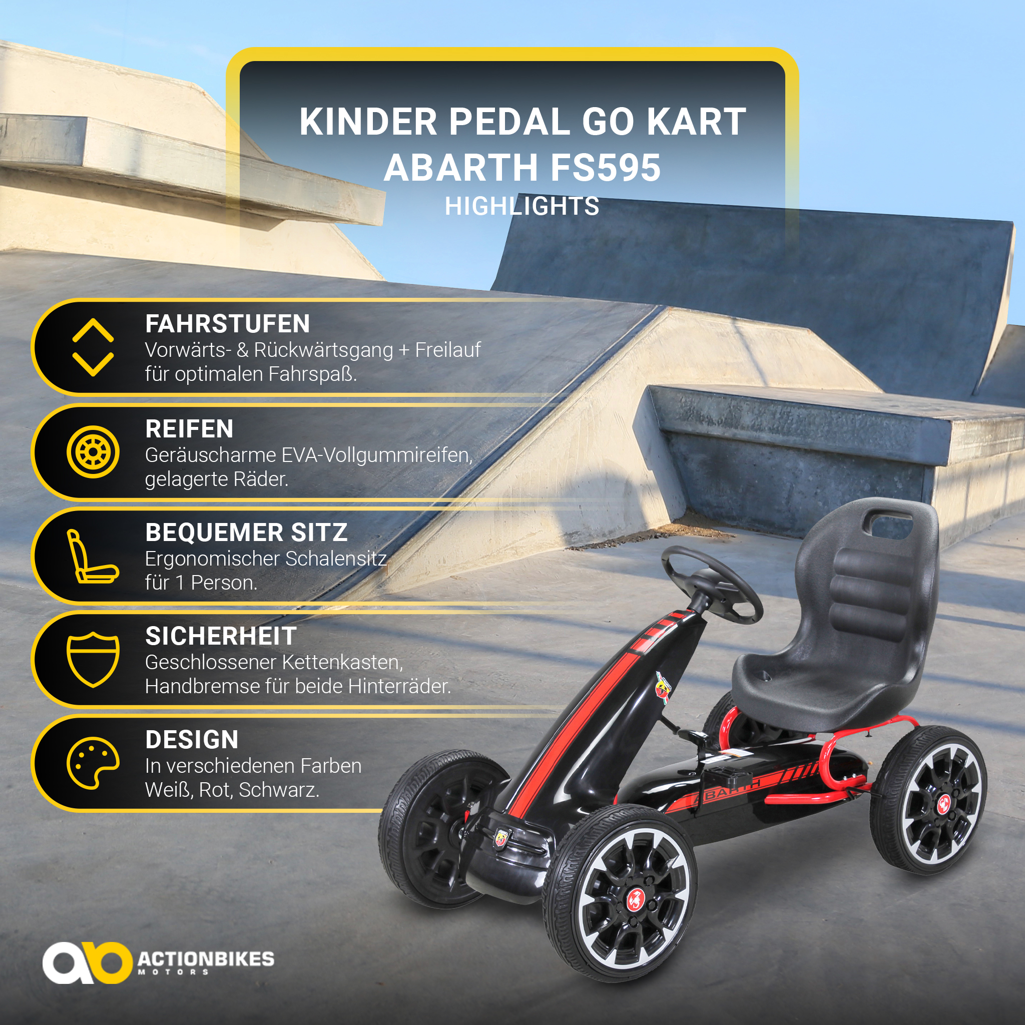 Schwarz-rotes Go-Kart mit hervorgehobenen Merkmalen: Fahrstufen, Reifen, Sitz, Sicherheit und Design. Vor einer Skatepark-Kulisse.