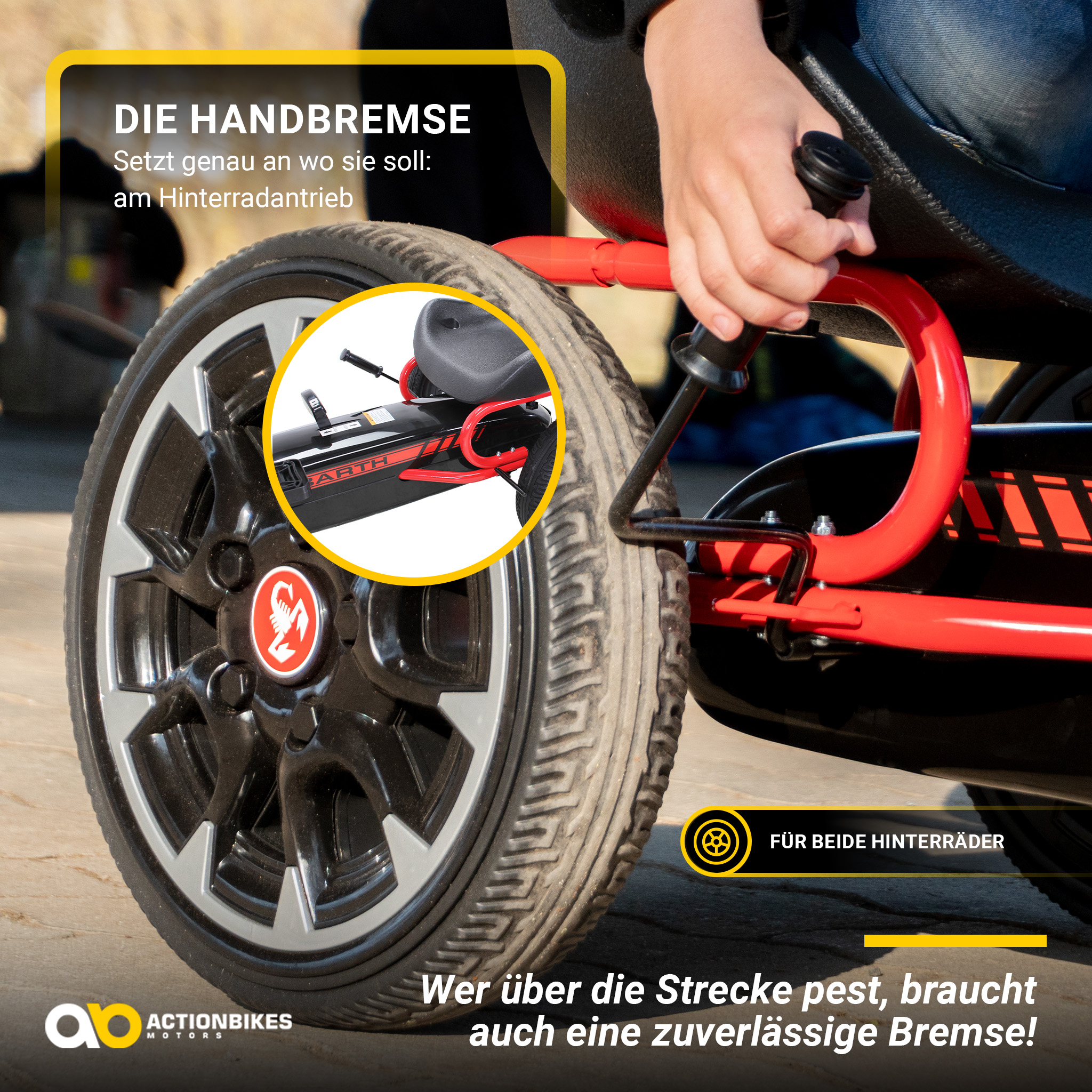 Nahaufnahme eines schwarz-roten Go-Kart-Rads mit Text in Deutsch und Englisch auf dem Bild.