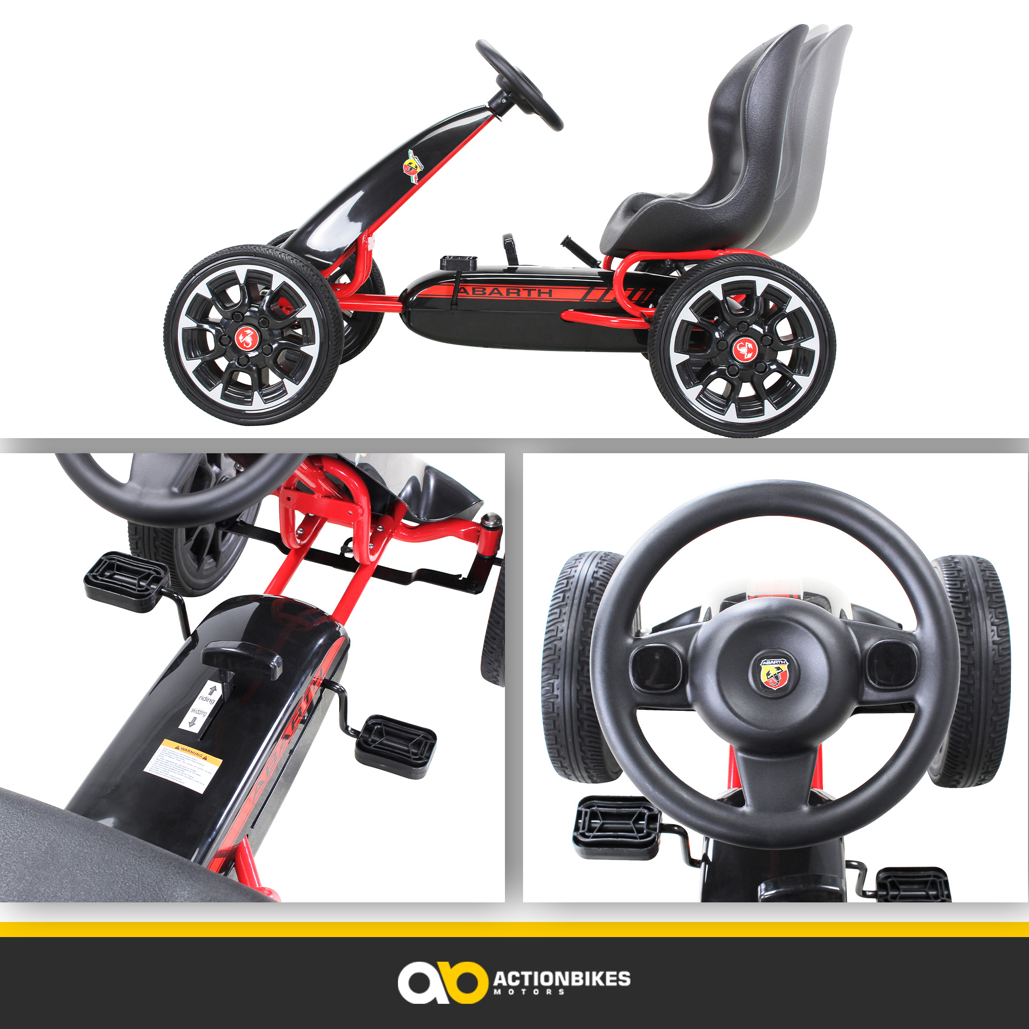 Rot-schwarzes Abarth-Tretfahrzeug. Details zu Pedalen und Lenkrad werden gezeigt.