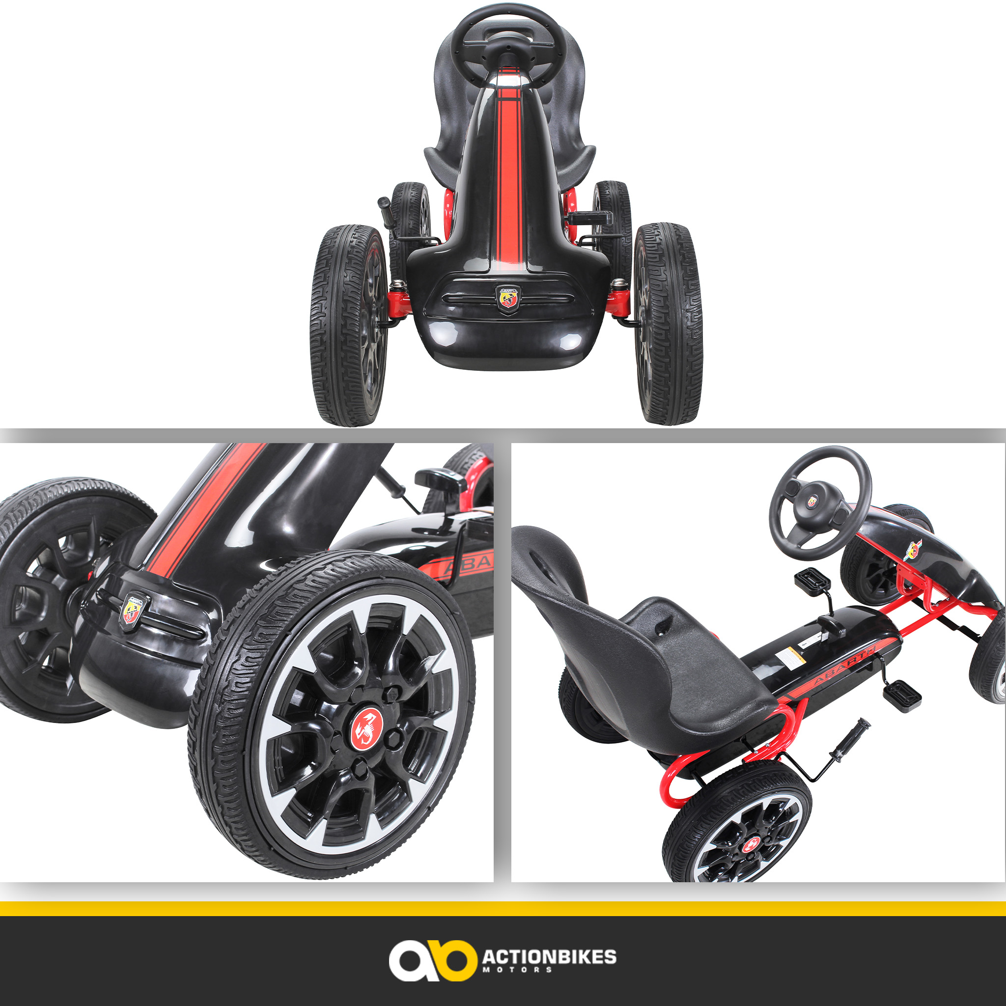 Drei Ansichten eines schwarzen Kinder-Gokarts. Es hat rote Streifen, ein Lenkrad und das Logo von Actionbikes Motors.