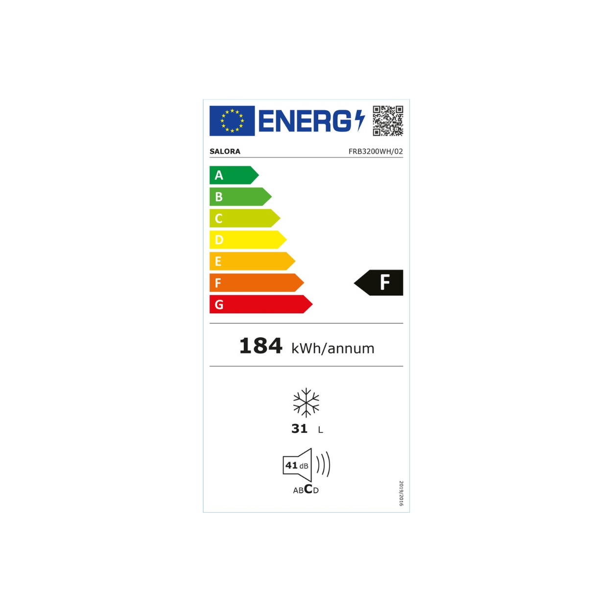 Une étiquette blanche d'efficacité énergétique avec plusieurs barres colorées. L'étiquette affiche une note F.
