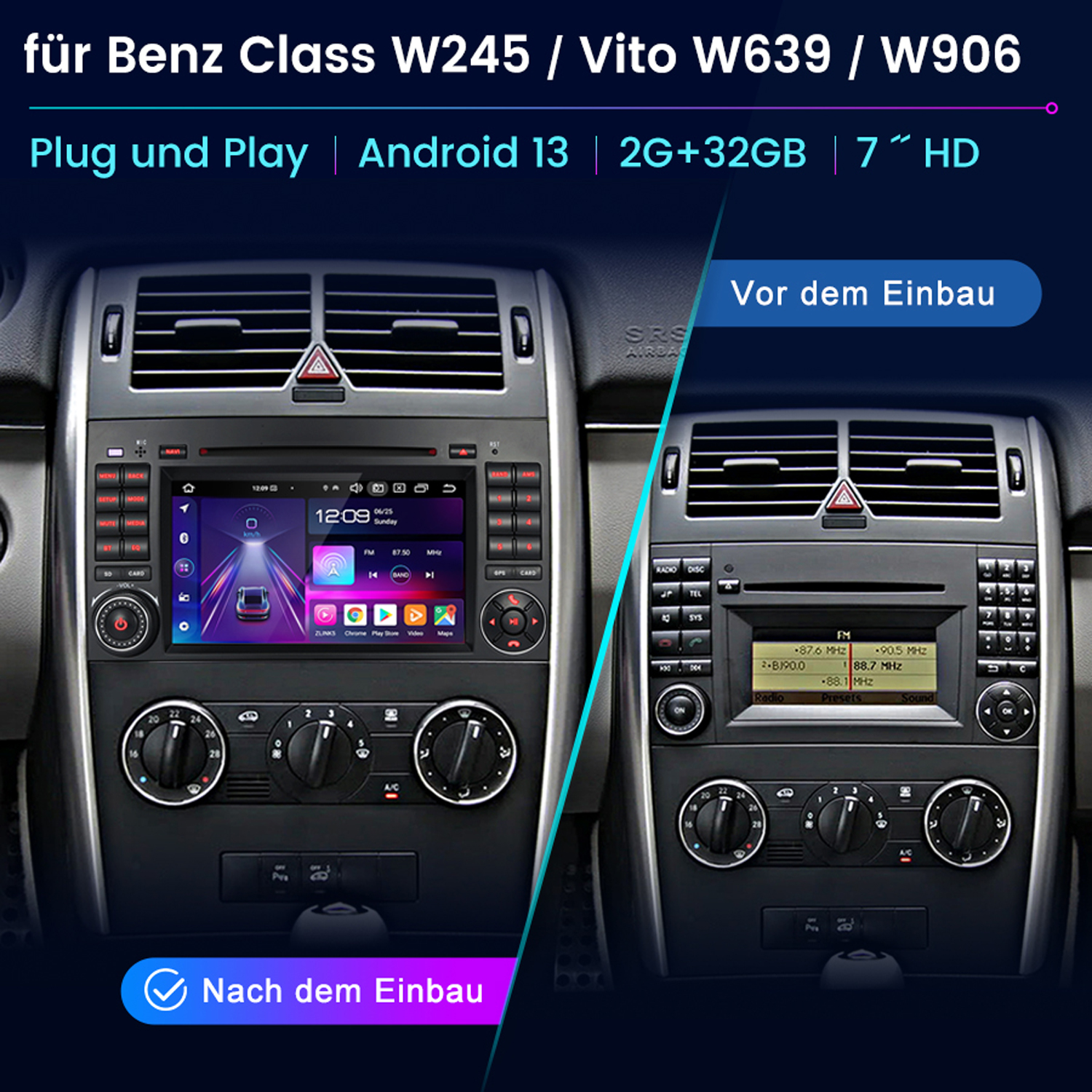 Autoradio-Bildschirm mit Einstellungen, neben dem originalen Autoradio.