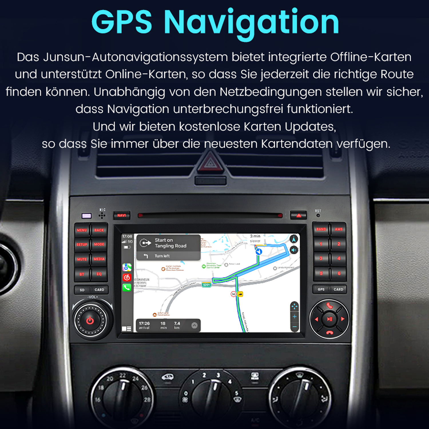 Bildschirm des Navigationssystems im Auto. Zeigt eine Karte mit Wegweisern. Auto-Innenraum sichtbar. Text auf Deutsch.