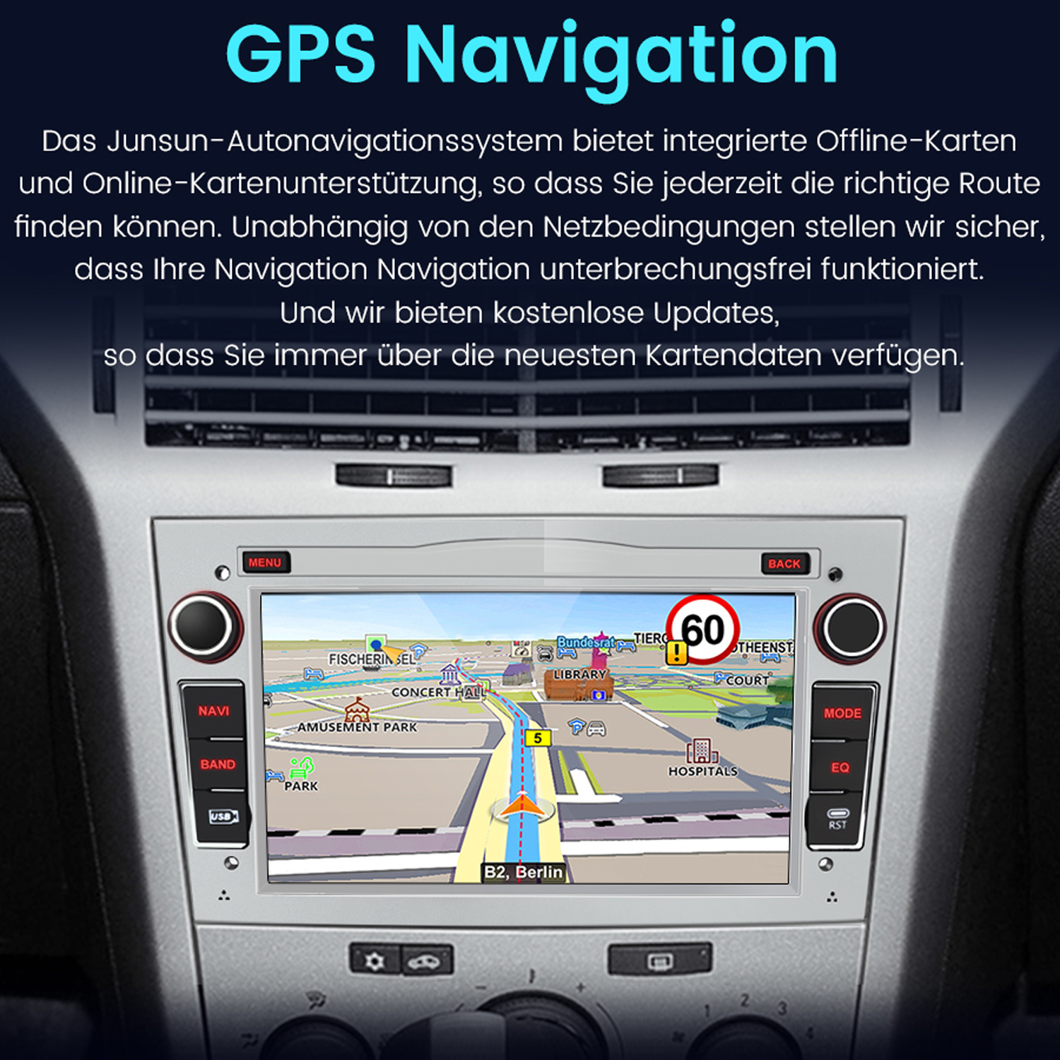 Bildschirm des Navigationssystems im Auto, der eine Karte mit Routendetails und verschiedenen Bedienelementen zeigt.