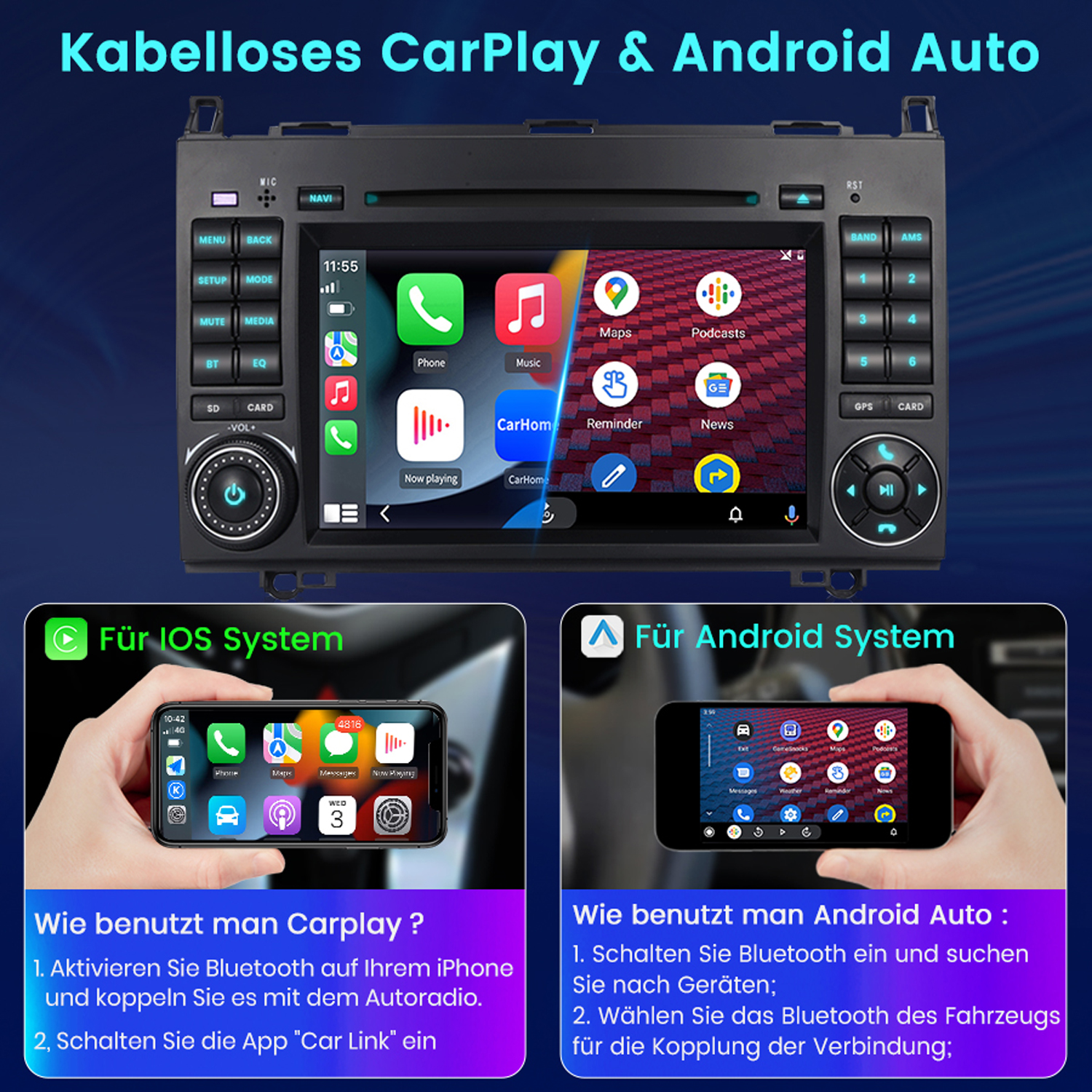 Autoradio mit CarPlay & Android Auto Funktionen und Telefonanzeigen mit CarPlay und Android Auto Setup.