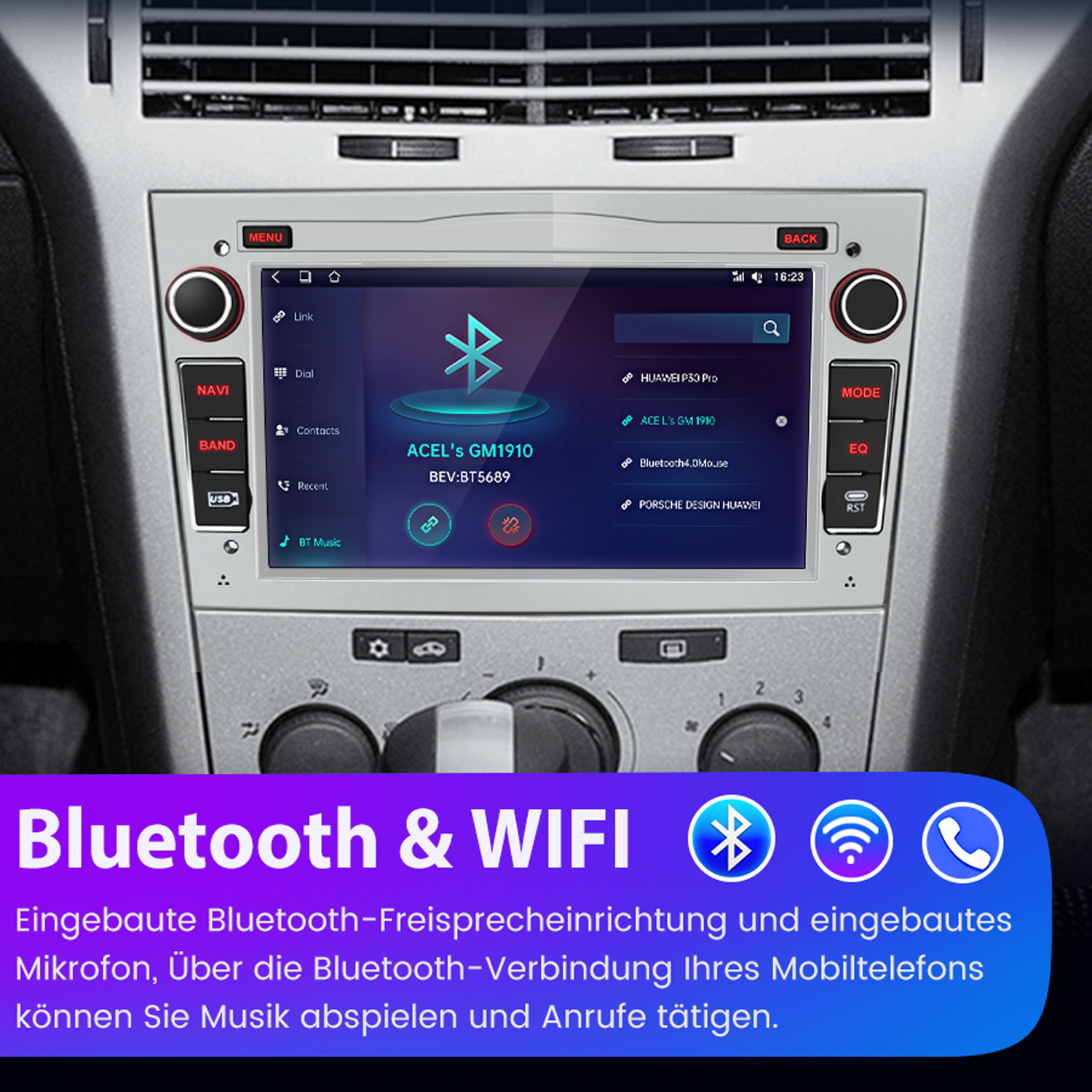 Autoradio-Bildschirm, zeigt Menü, zuletzt, Kontakte und Bluetooth-Optionen. Bluetooth & WIFI Text angezeigt.