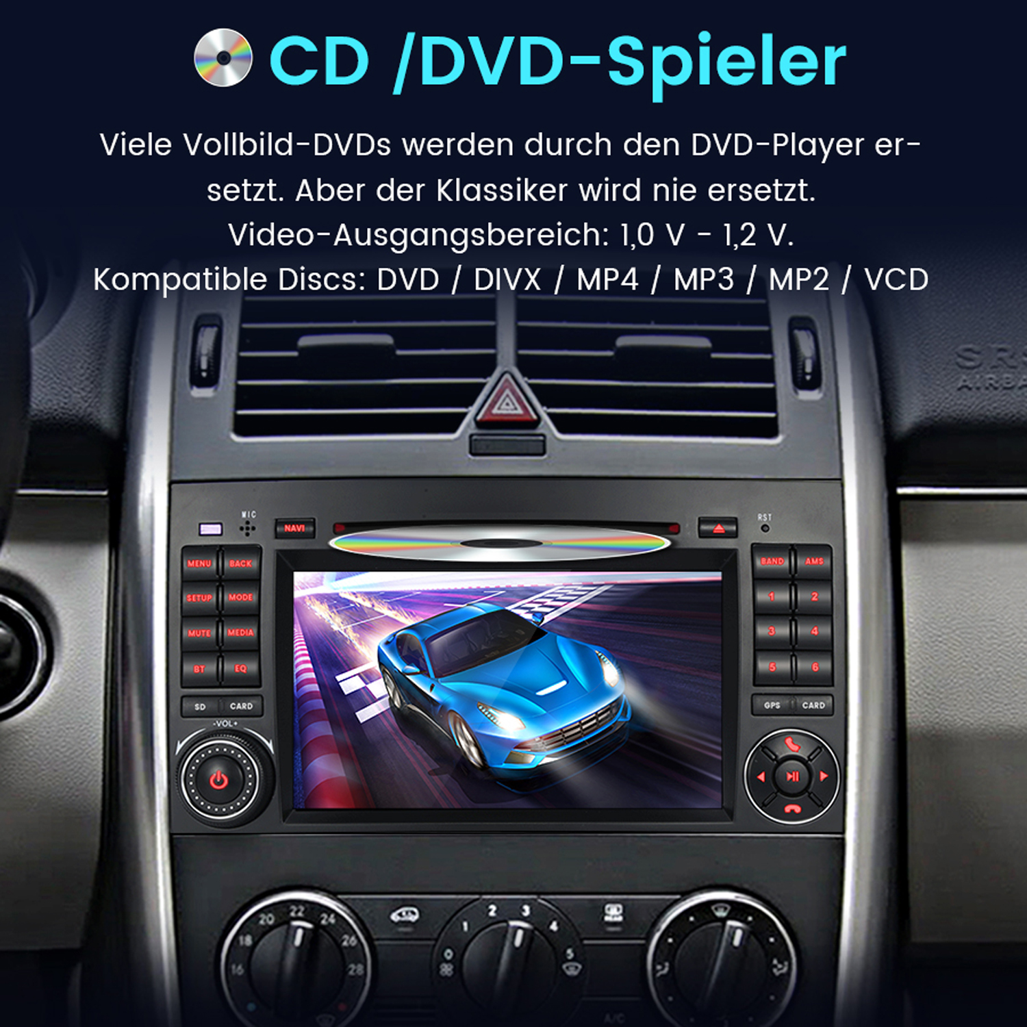 Ein Autoradio mit einem Bildschirm, der ein Auto auf einer Rennstrecke zeigt, und eine CD ist eingelegt.