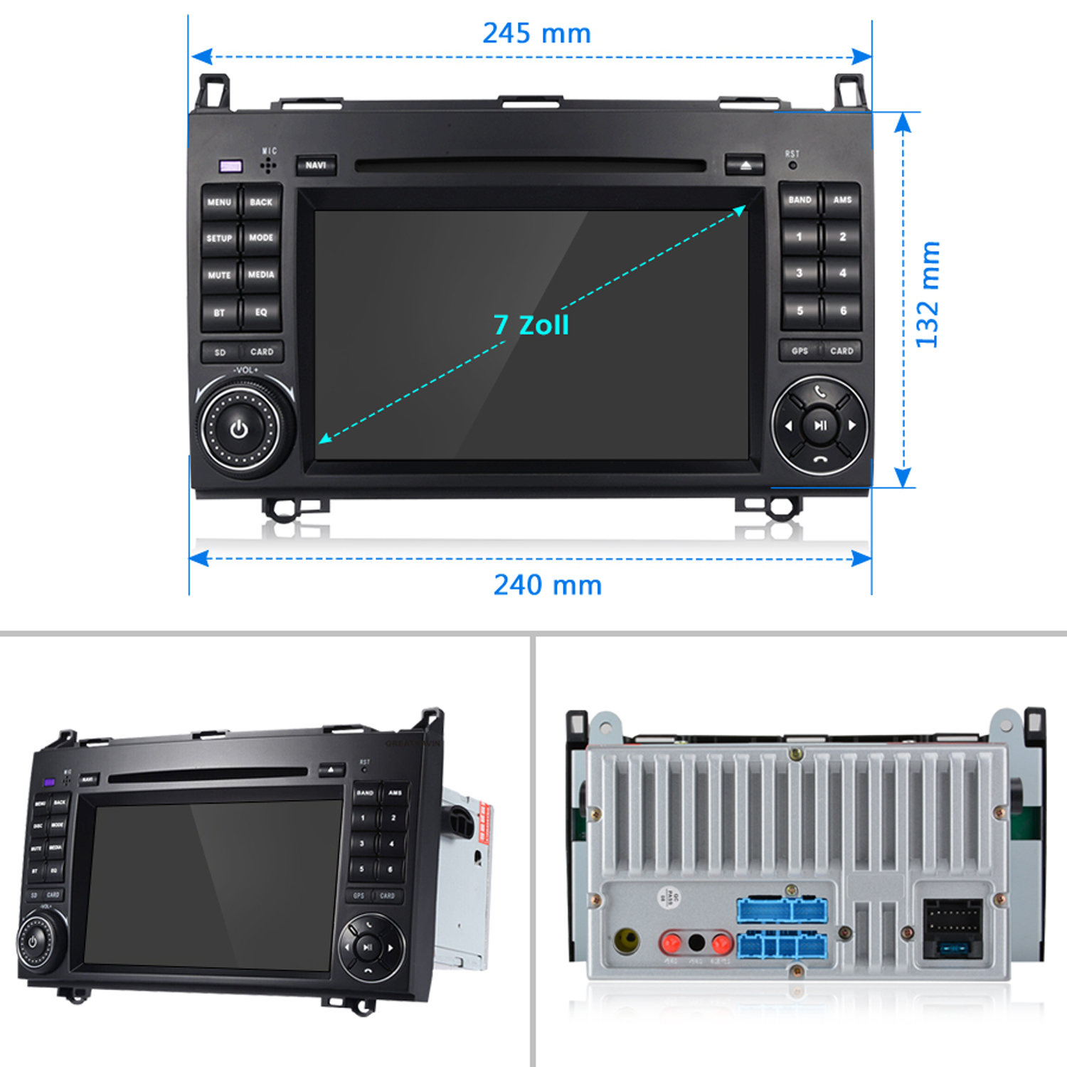 Auto-Multimedia-System mit einem 7-Zoll-Bildschirm. Abmessungen werden angezeigt. Das System hat Knöpfe und ein Display.