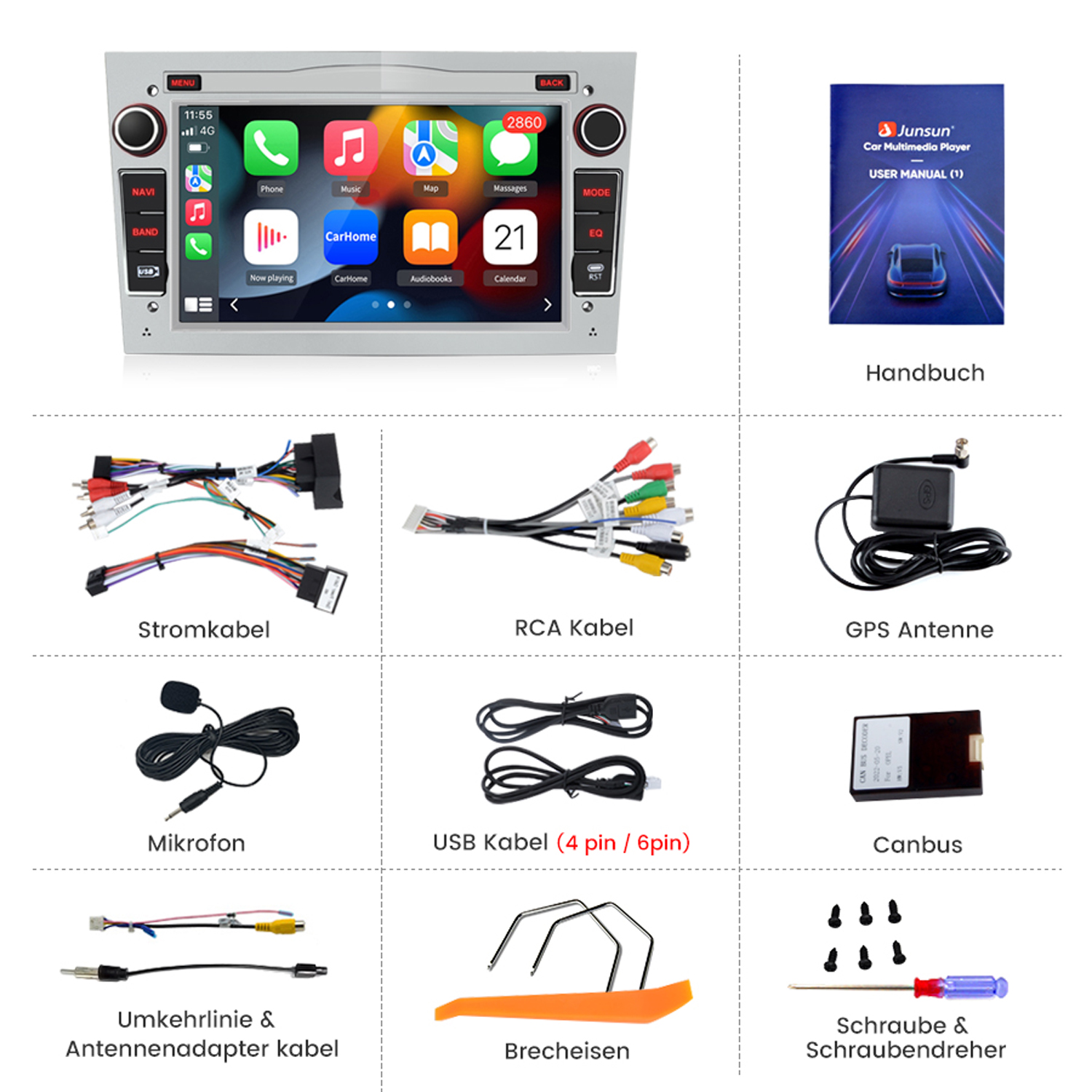 Auto-Multimedia-System mit Zubehör. Enthält Kabel, GPS, Mikrofon und Handbuch.