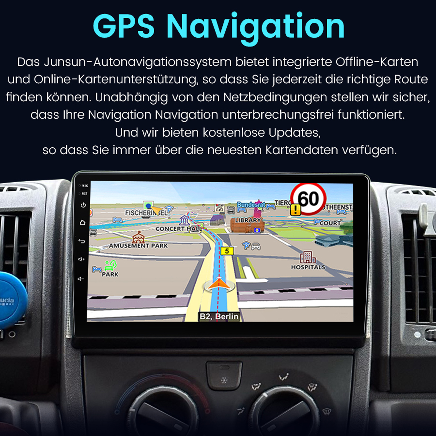 Anzeige eines Navigationssystems im Auto. Das Display zeigt eine Karte mit einer Route. Text auf Deutsch steht oben.