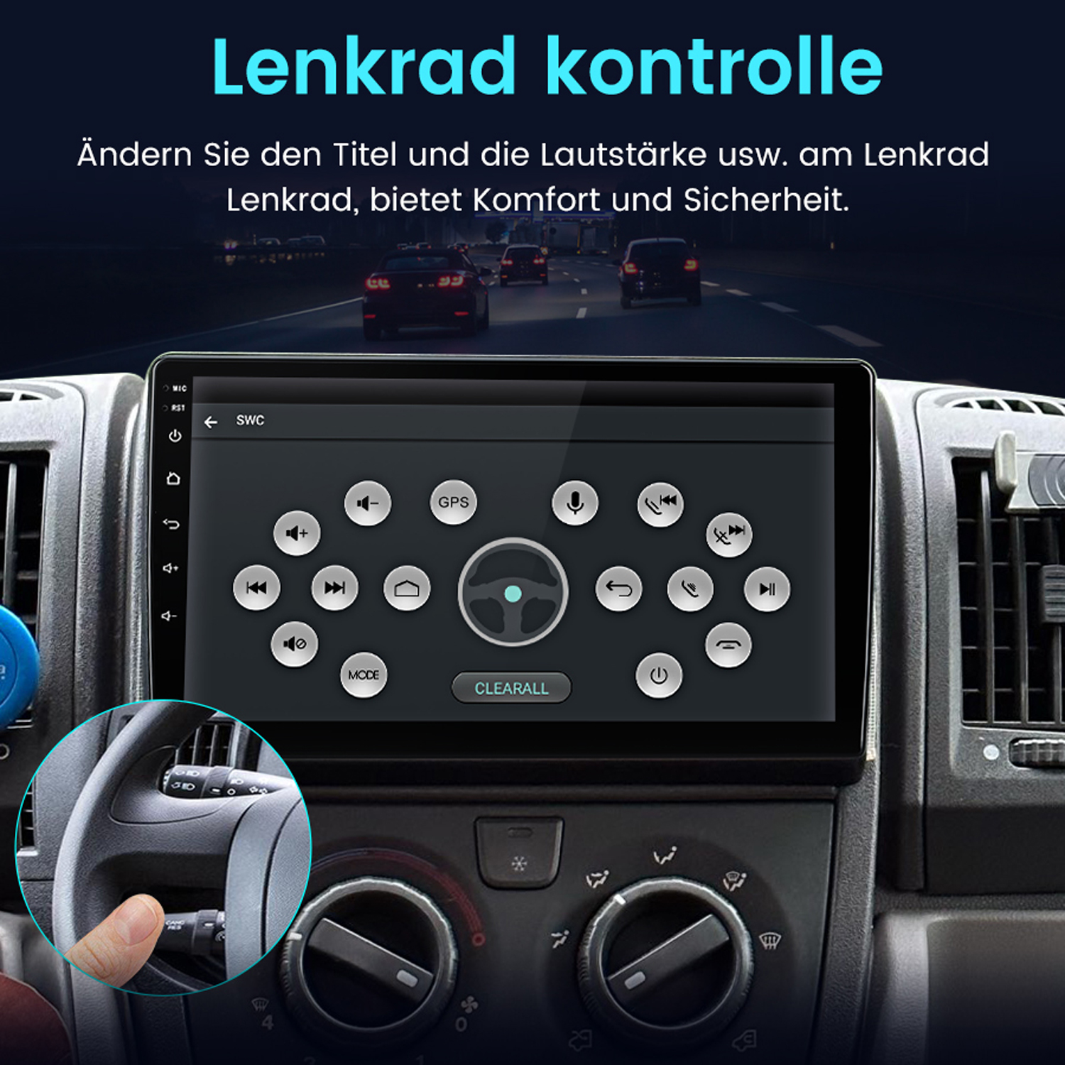 Armaturenbrett mit Bildschirm, der GPS-Navigation zeigt. Das Lenkrad ist im Fokus.