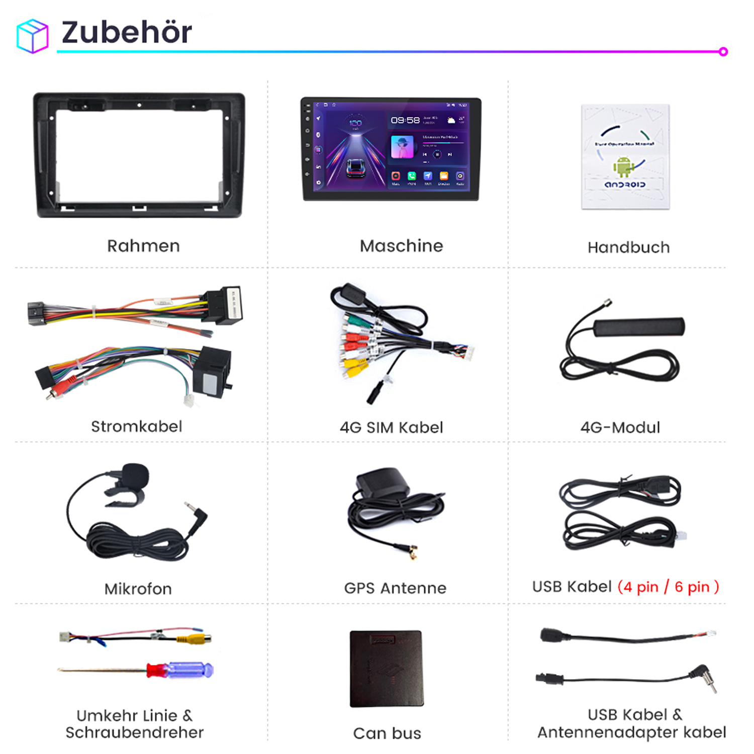 Verschiedenes Autoradiozubehör wird gezeigt. Rahmen, Maschine, Handbuch, Kabel und mehr.