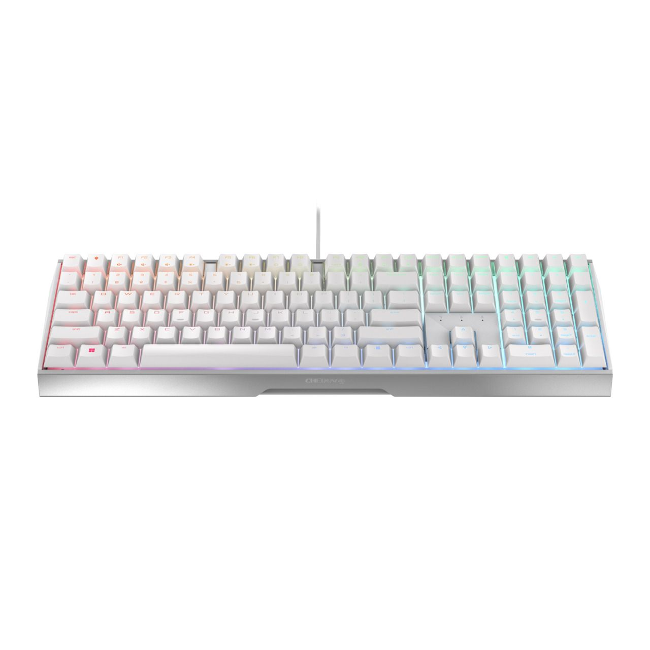 Weiße Tastatur mit regenbogenfarbener Unterbeleuchtung. Die Tasten sind weiß.