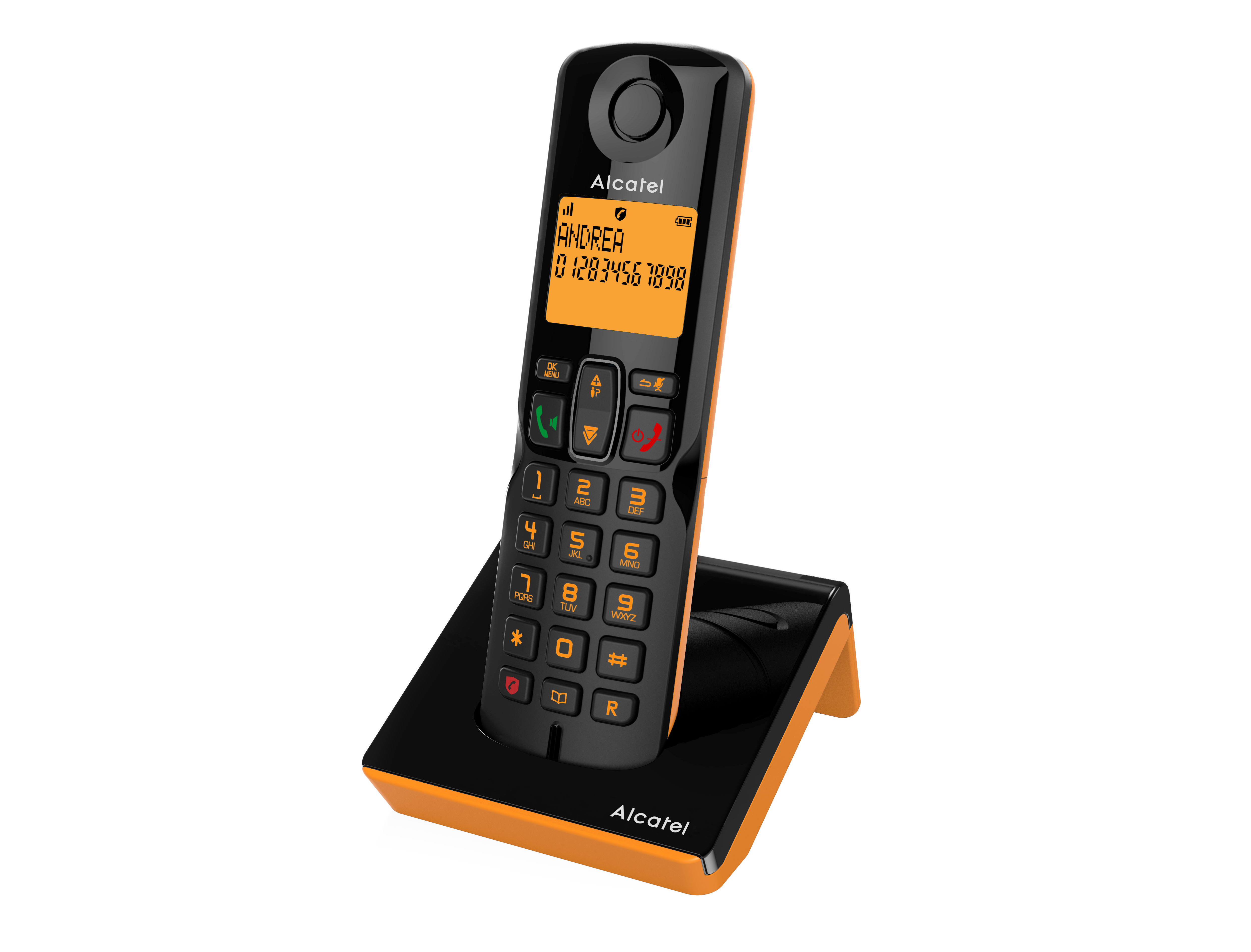 Telefono Alcatel arancione e nero con schermo che mostra numero e nome.