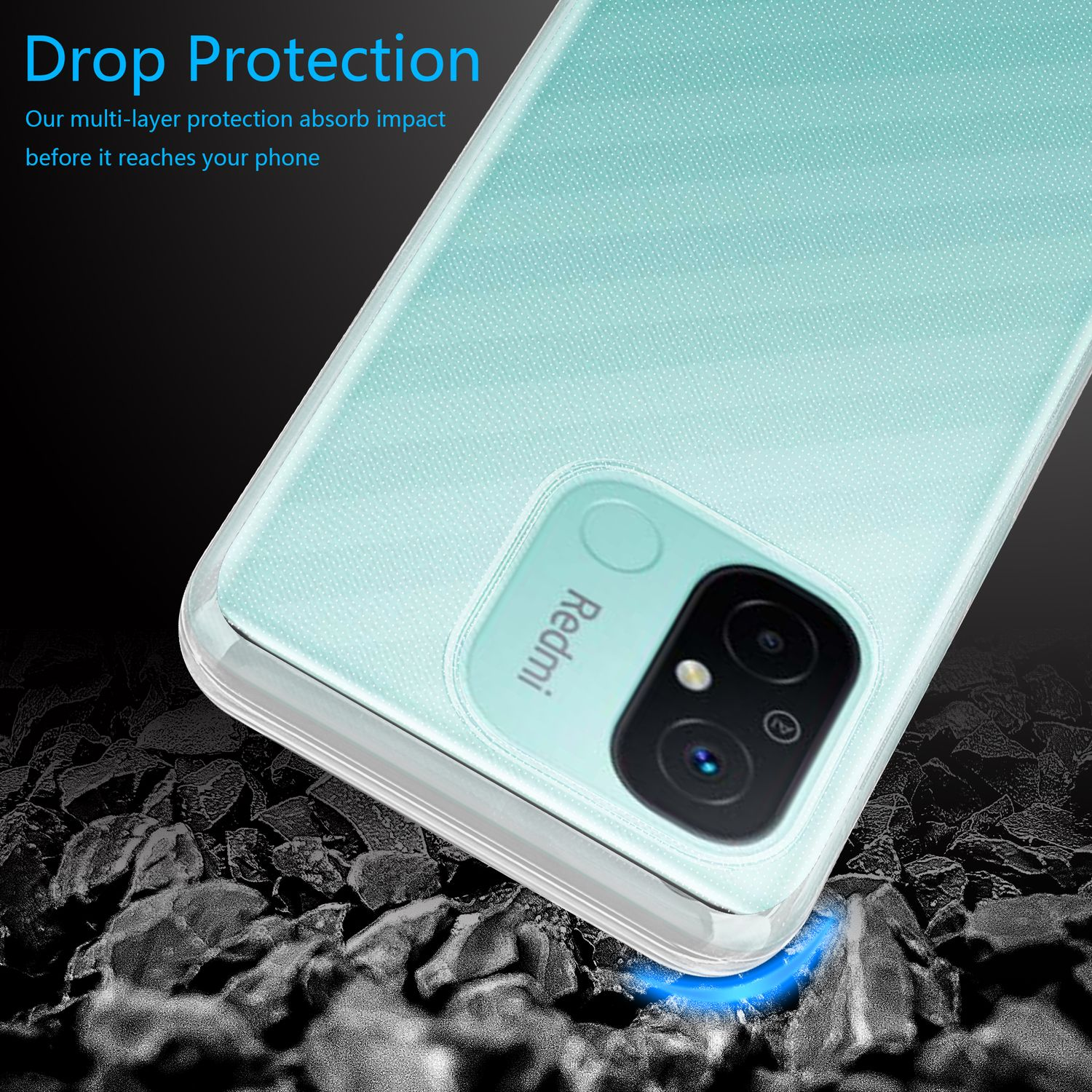 Eine Handyhülle auf dunklem Hintergrund, mit Nahaufnahme des Redmi-Logos und den Worten Drop Protection.
